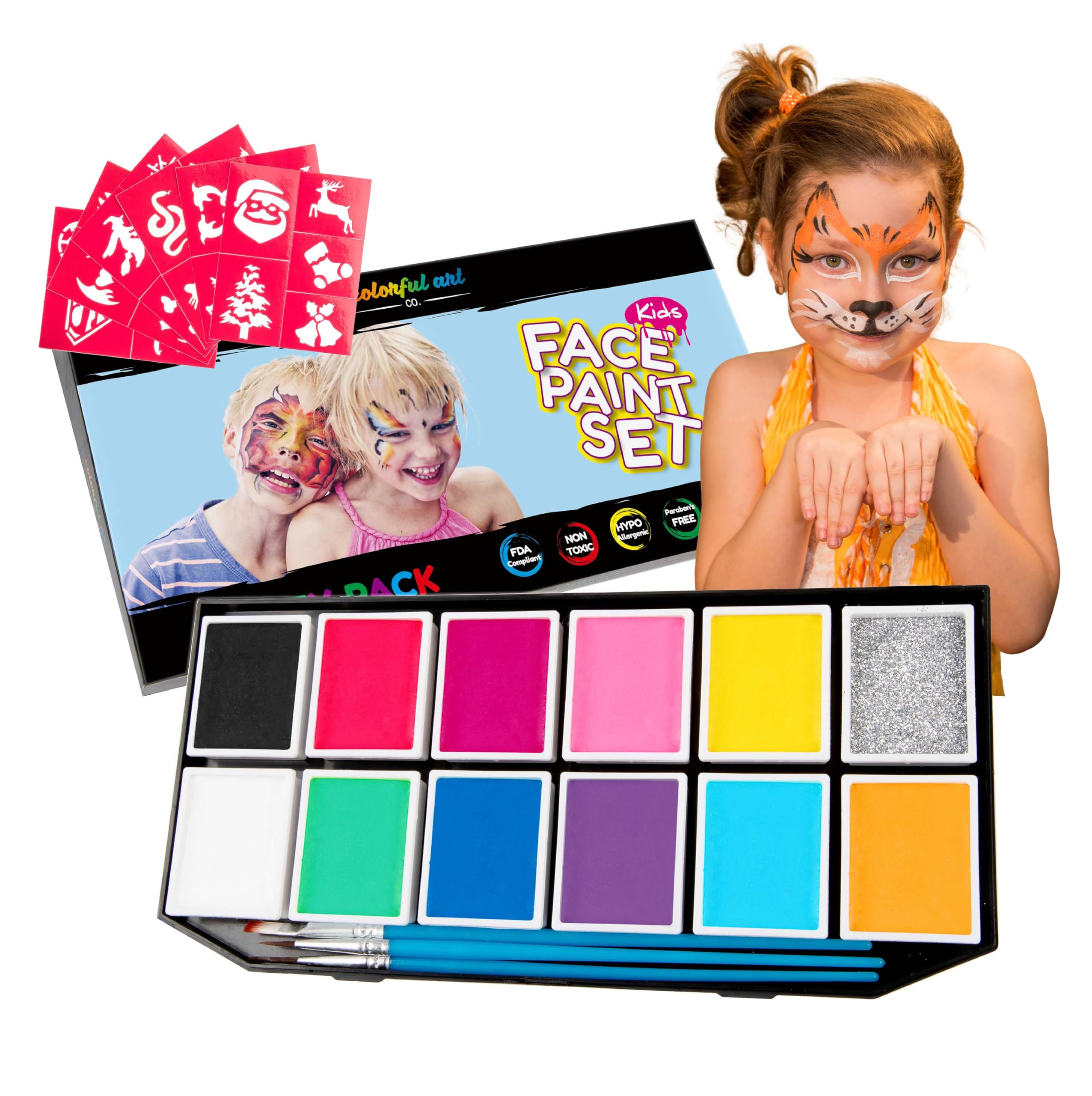 Colorful Art Co. Face Paint Kit - 3 Painting Brushes, 12 Large Pots, 30 Stencils