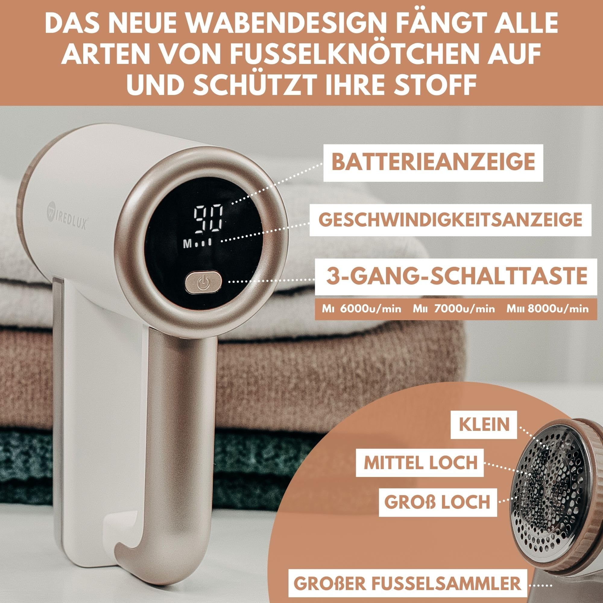 Fusselrasierer Elektrisch WiredLux - Wiederaufladbarer Fusselentferner für Kleidung & Möbel - Einstellbare 3-Fach Geschwindigkeit, 6-blättrige Klinge, LED-Anzeige, USB-Aufladung (Weiß)