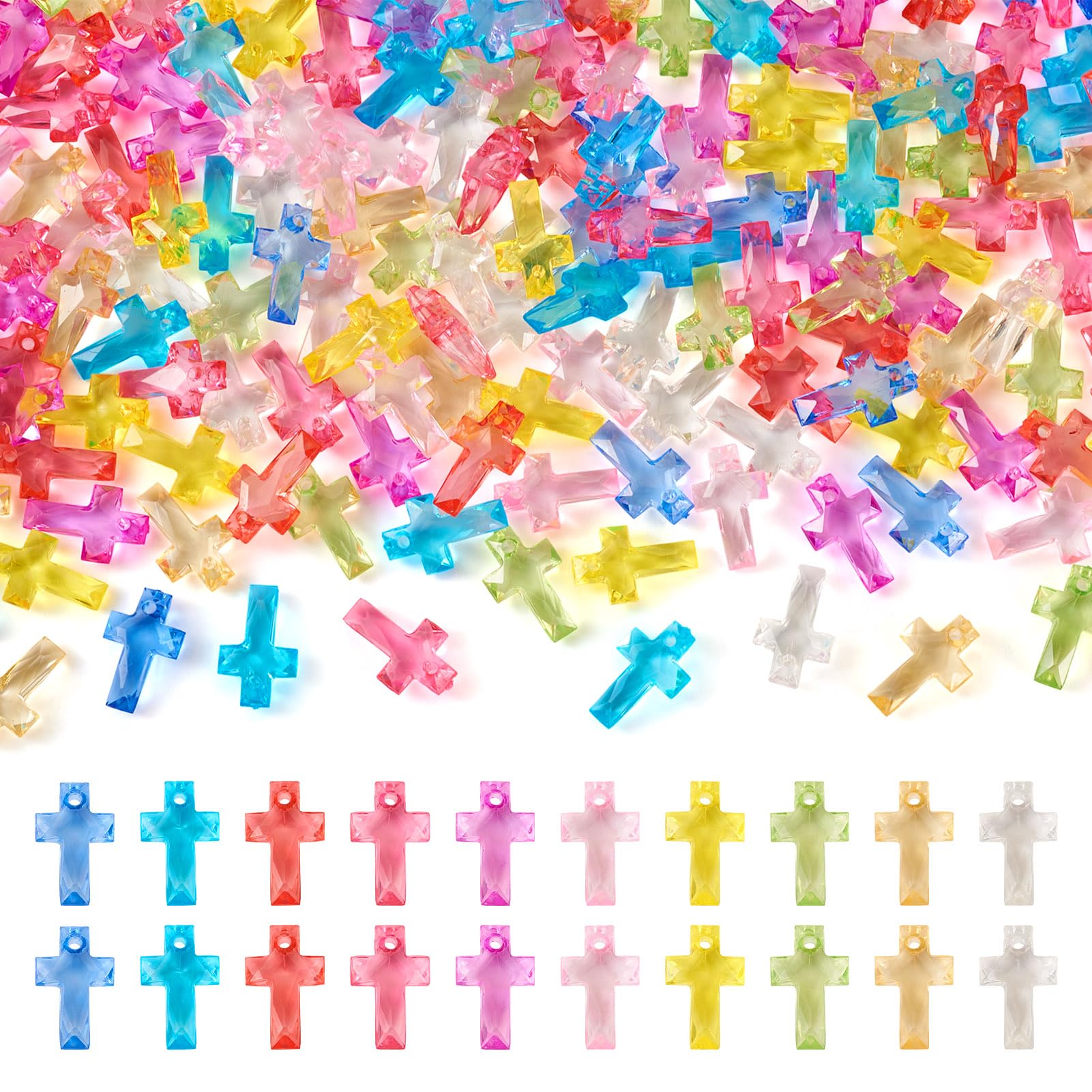 FASHEWELRY 300pcs Clear Acrylic Cross Beads Candy Color Cross Loose Beads Transparent Crosses Spacer Beads Easter Crucifix Loose Beads for Jewelry Making