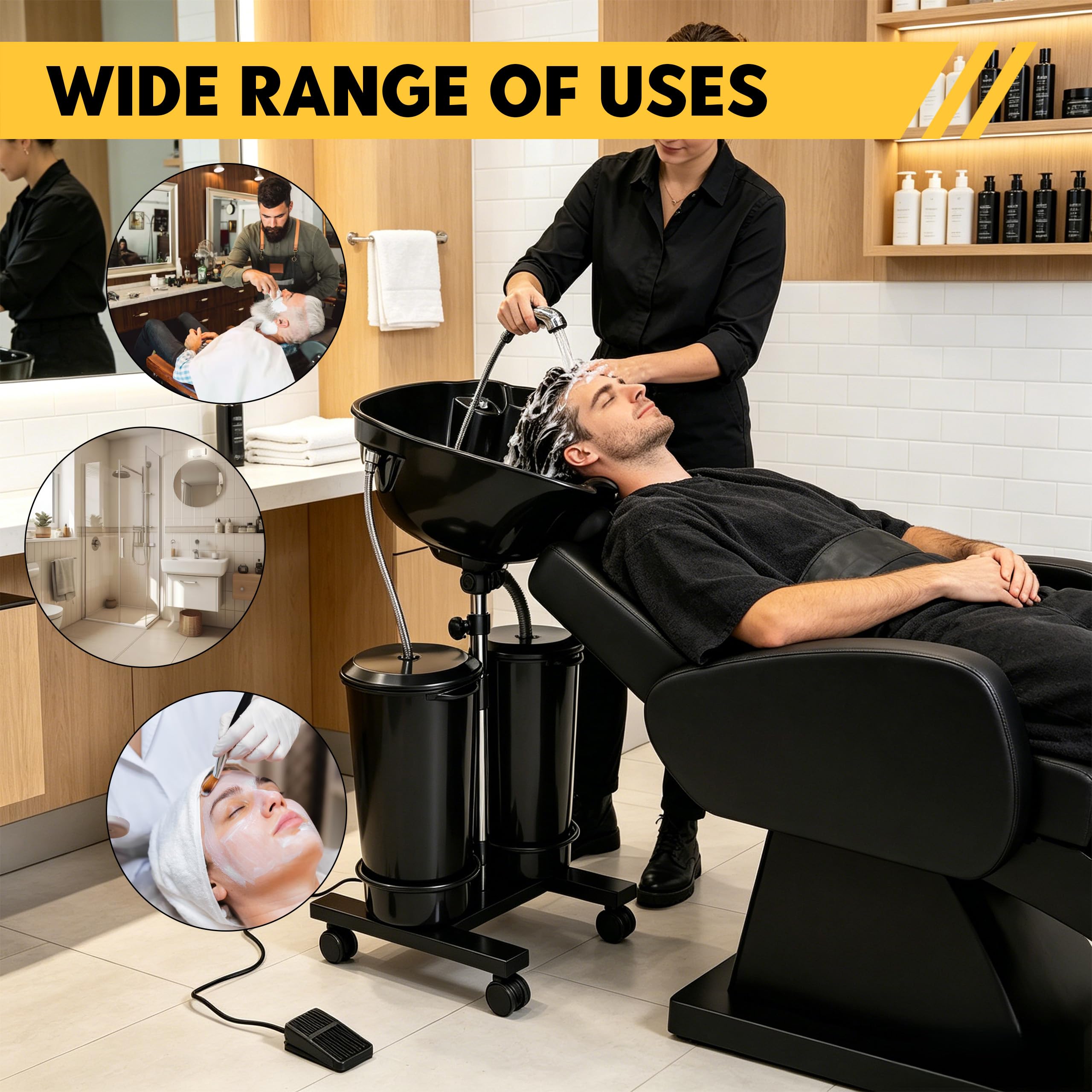 Mobiles Waschbecken mit Elektrischer Pumpe 2-Eimer Ablaufschlauch Haarwaschbecken with 4 Räder Höhen- und Winkelverstellbarer Kopfwaschbecken für Zuhause Salon Friseursalon Barbershop