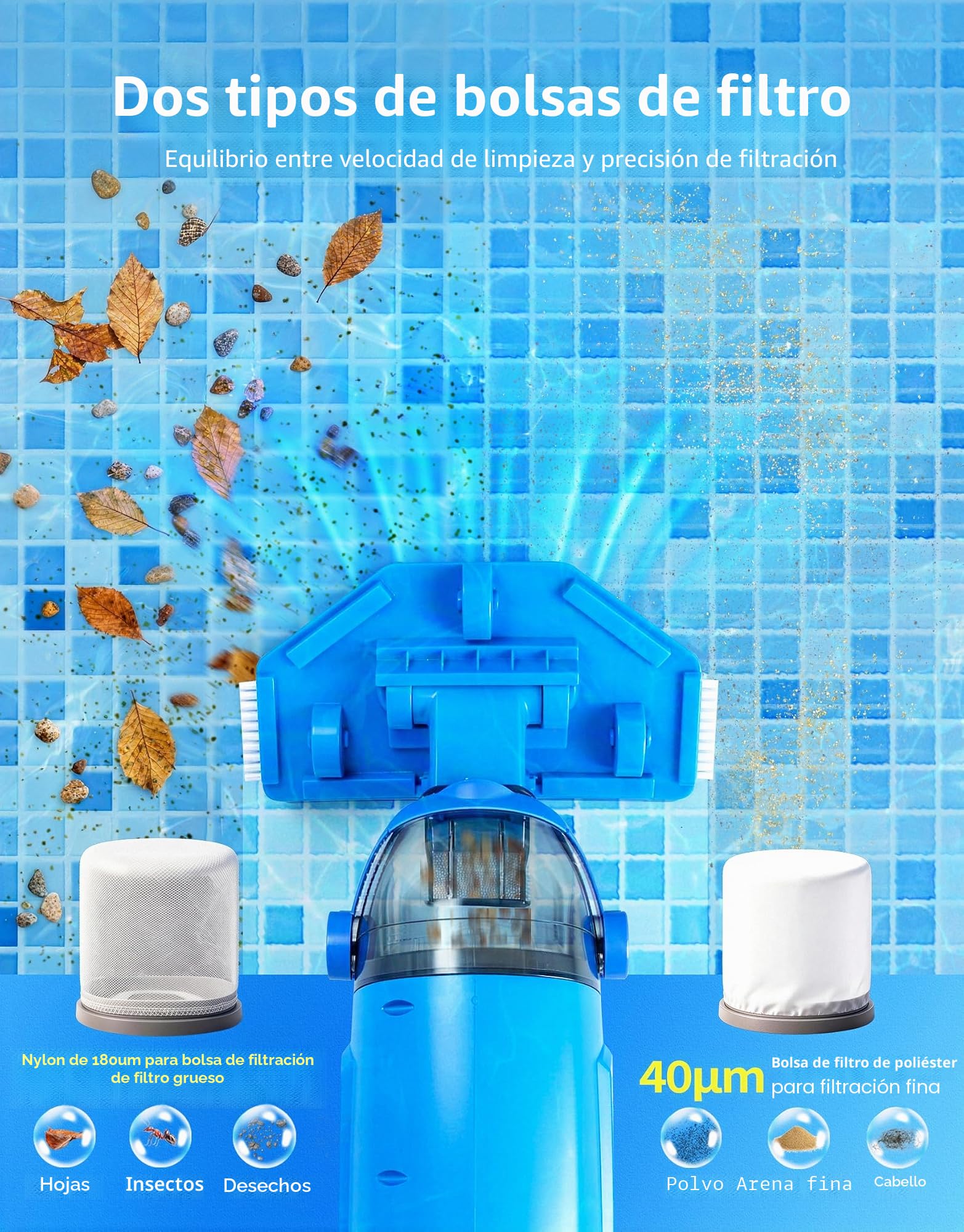 LanBlu Aspirador Piscina Bateria, 2.5m Aspiradora Piscinas Fondos con Varilla Telescópica de Hasta, 4200L/H Aspiradora para Piscinas con 4 Filtros, Diseño Anti-retorno Limpiafondos Piscina Inalambrico