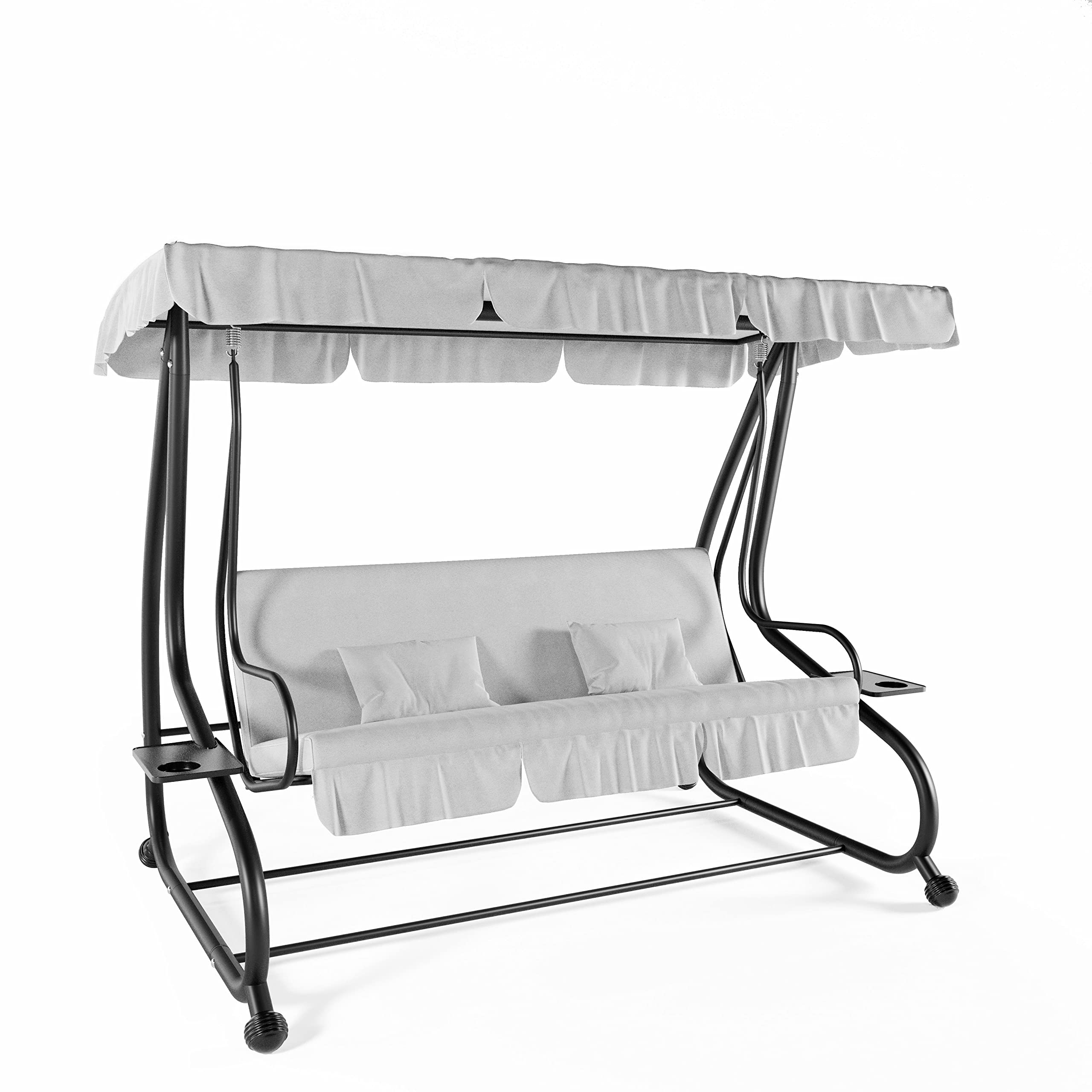 Dondolo Reclinabile 3 Posti Con Cuscini Imbottiti Parasole Tettuccio Regolabile Diventa Letto Struttura Acciaio Robusto Verniciato Giardino Esterno Balcone Terrazzo Piscina 200 x 120 x 160 cm Grigio