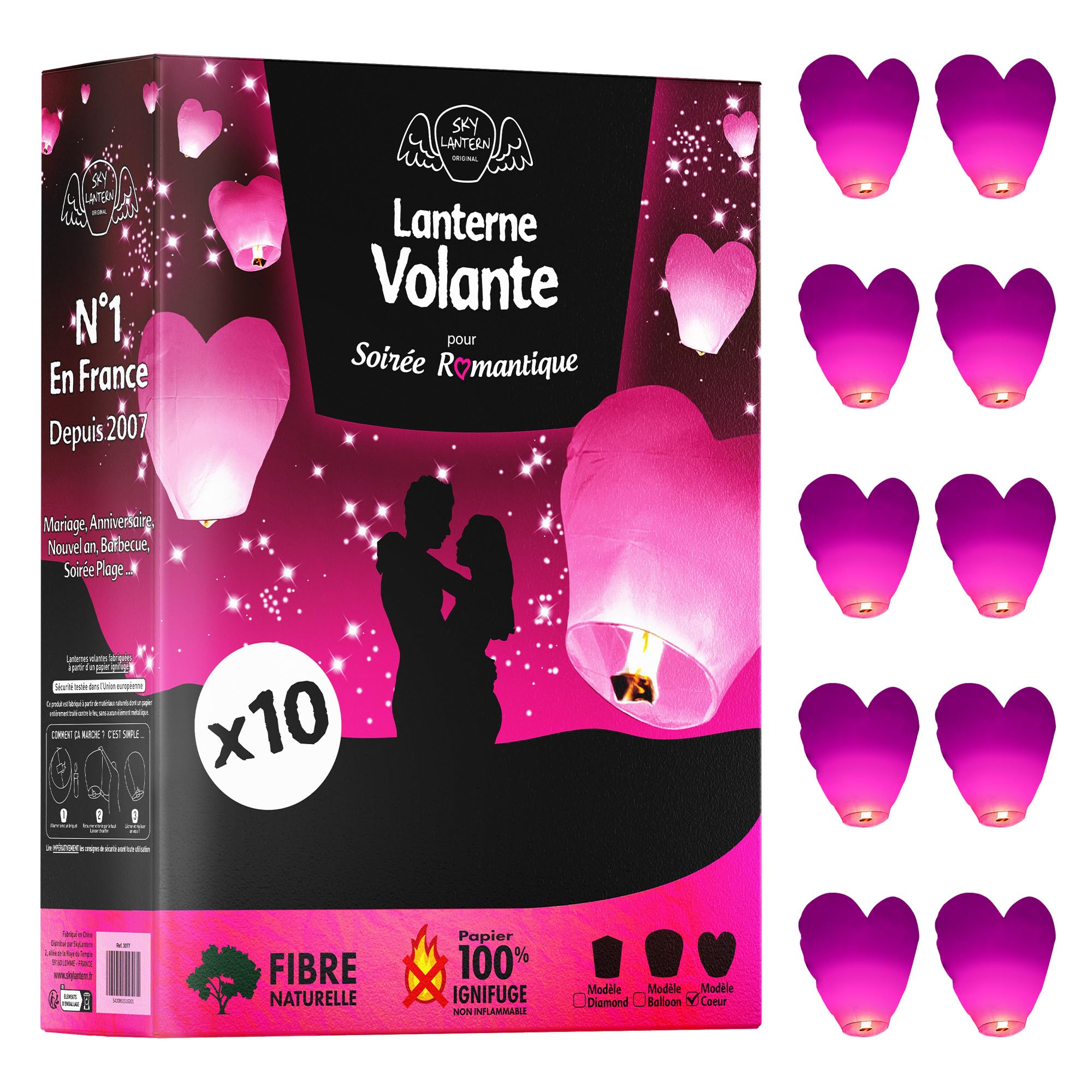 Lot de 10 Lanterne Volante en forme de coeur 60 x 120 cm - 10x Lanterne Chinoise Volante Rose - Lanterne Papier idéal pour soirée romantique, St Valentin et mariage en extérieur