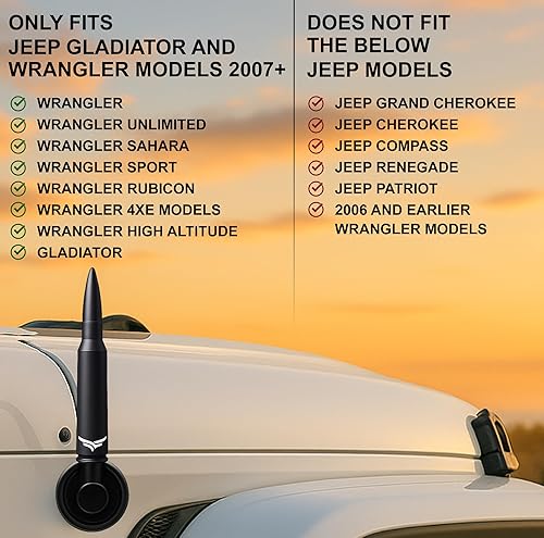 Miniatura 3 de 50 Cal Badass Bullet Antenna se adapta a Jeep Wrangler JK y JL de (2007 para accesorios Jeep Wrangler y Gladiator), seguro para lavado de autos y