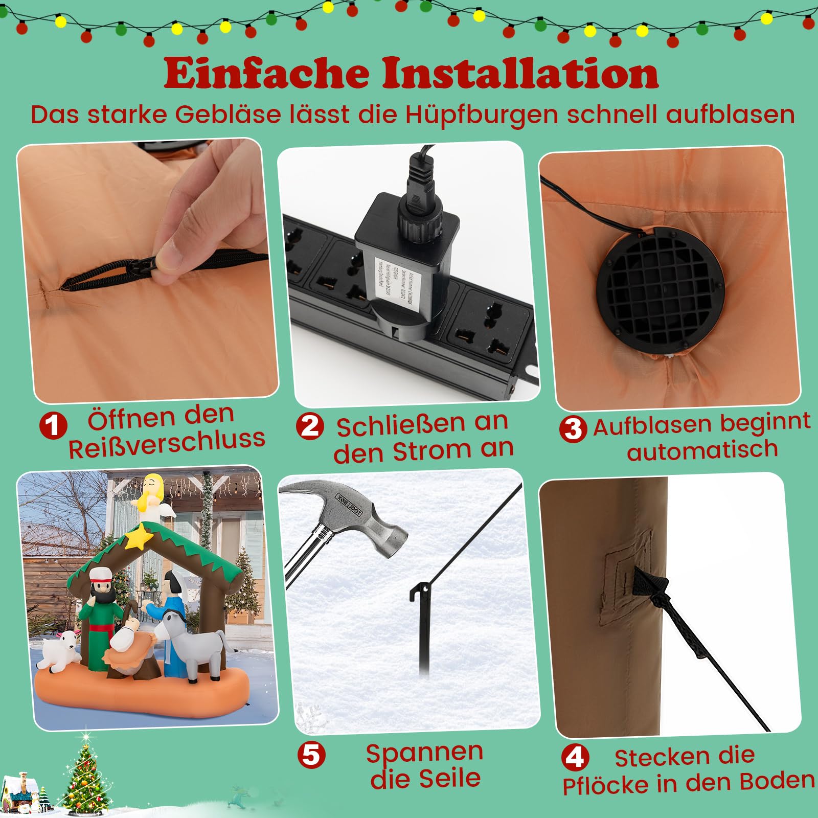 COSTWAY 180 cm Aufblasbare Weihnachtskrippe, Weihnachtsdeko mit LED-Lichter, Nachstellung der Geburt Jesu, Weihnachtsbeleuchtung, Weihnachtsdekoration für drinnen und draußen, selbstaufblasend