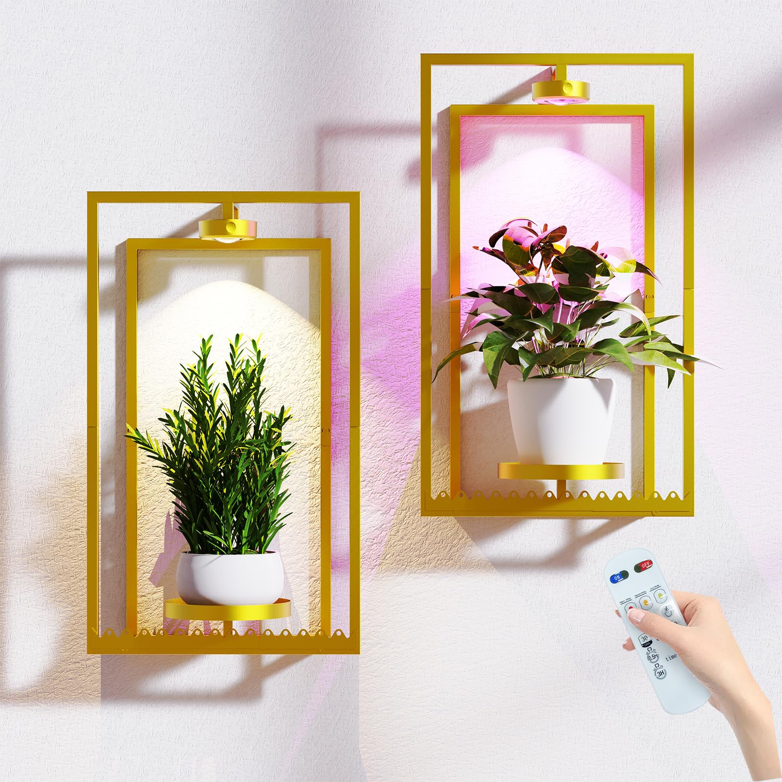 Frame Wall Plant Stand Indoor, Metal Wall Planters Holders with Remote Grow Light, Picture Frame Plant Shelves Wall Decor for Bedroom Bathroom Living Room Home Office
