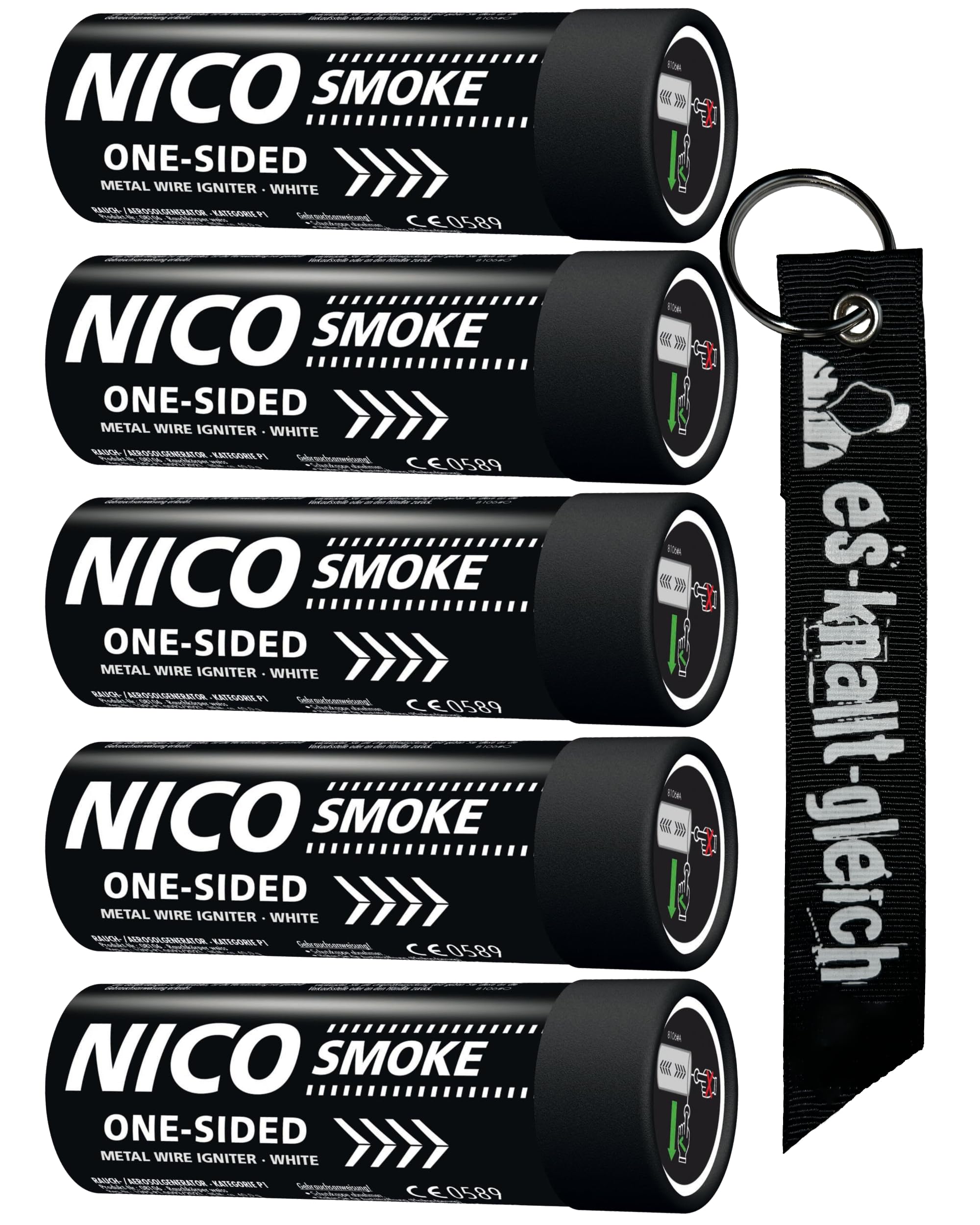 Rauchkörper Smoke Grenades 80 Sekunden im 5er Pack in Rot Blau Gelb Grün Orange Lila Grau Weiß von NICO Europe mit Anhänger (Weiß)