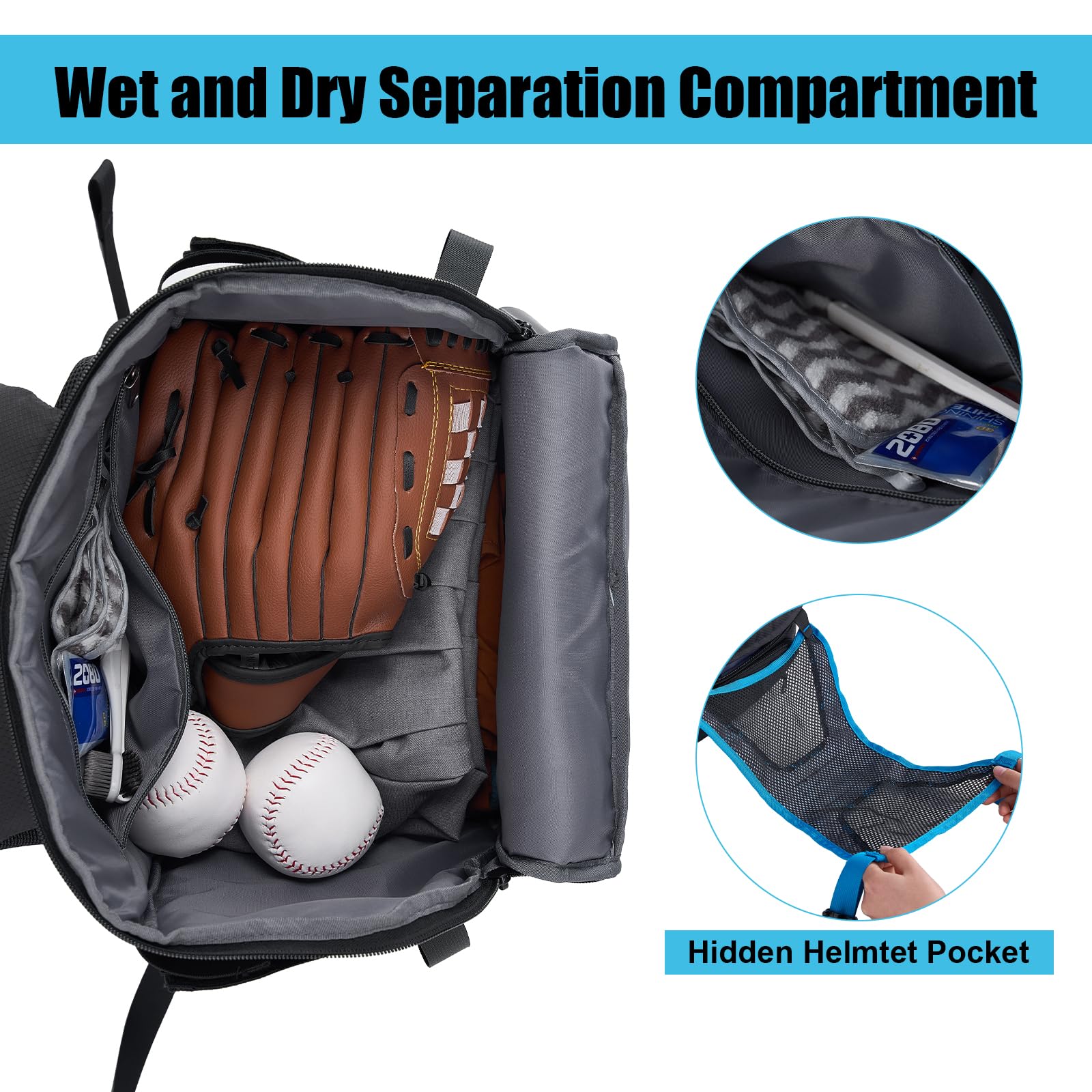 Power King 45L Youth Baseball Bat Bag, Large Capacity Backpack for Baseball, T-Ball & Softball Equipment & Gear with Shoe Compartment | Fence Hook | Helmet Holder