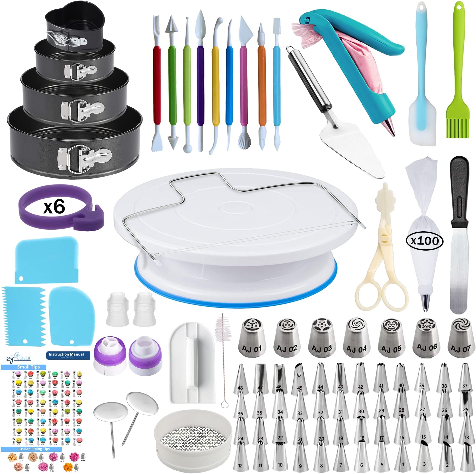Cake Decorating Supplies Kit - Baking and Piping Set | 194 Pieces | Leveler, Rotating Turntable Stand, Frosting Bags and Tips, Decoration Tools, Starter Guide