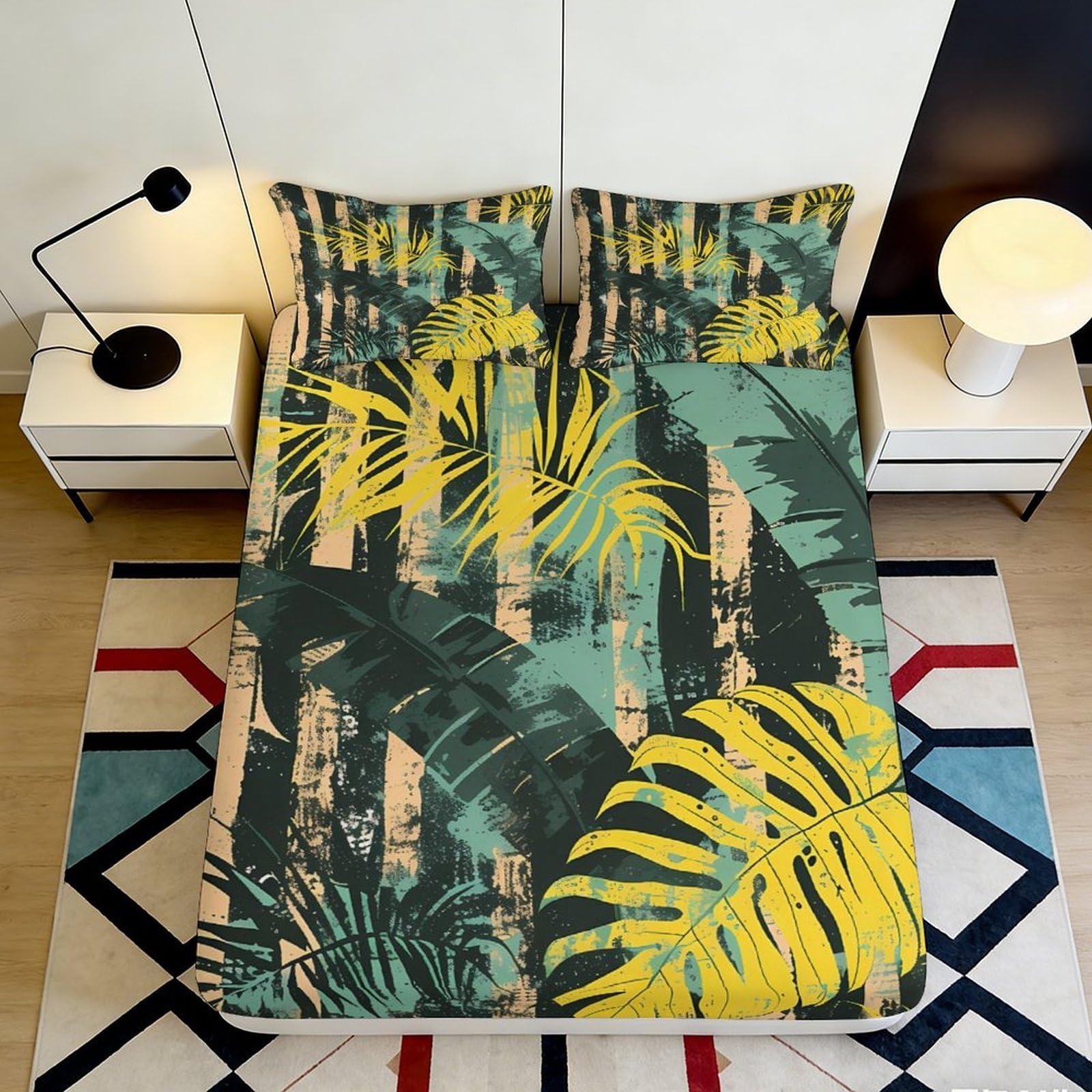 3D Printed Tropical Jungle Fitted Sheet Microfiber Green Yellow Leaf Mattress Cover for Bedroom Guestroom Decor 90x200x25cm
