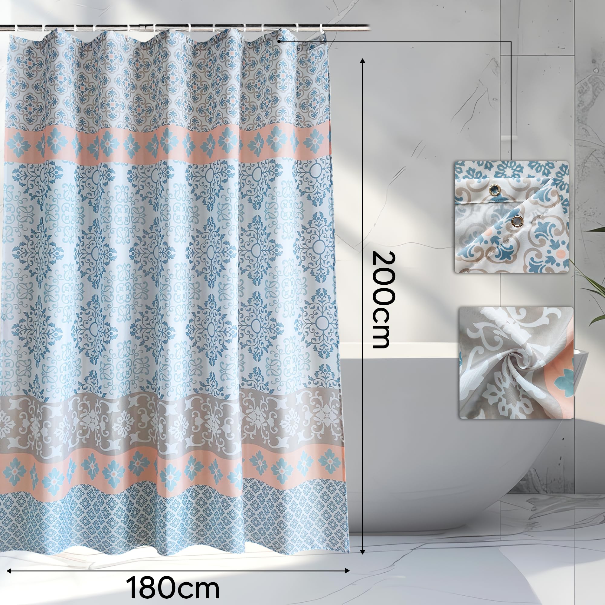 WedDecor Bathroom Shower Curtain Waterproof, Heavy Duty 100% Polyester Fabric Curtains Liner with 12 Curtain Hooks, 180cm x 200cm, White, Blue & Peach