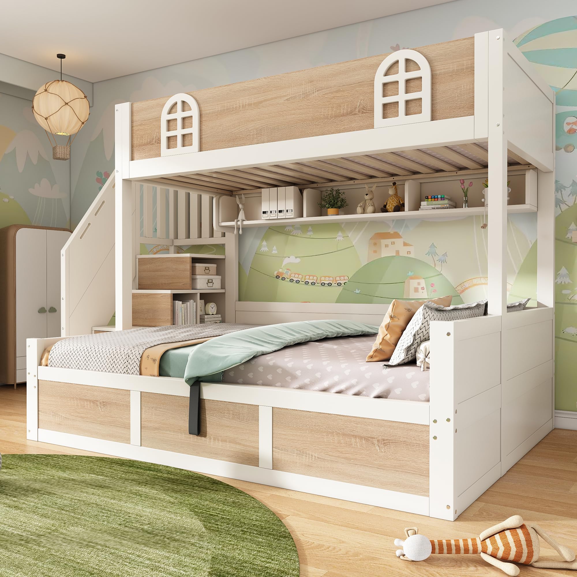 Litera infantil de 90/140 x 200 cm con armario para escaleras, litera inferior con cajón, rejilla de seguridad y somier, efecto cabaña, ahorra espacio para varios niños, color blanco +