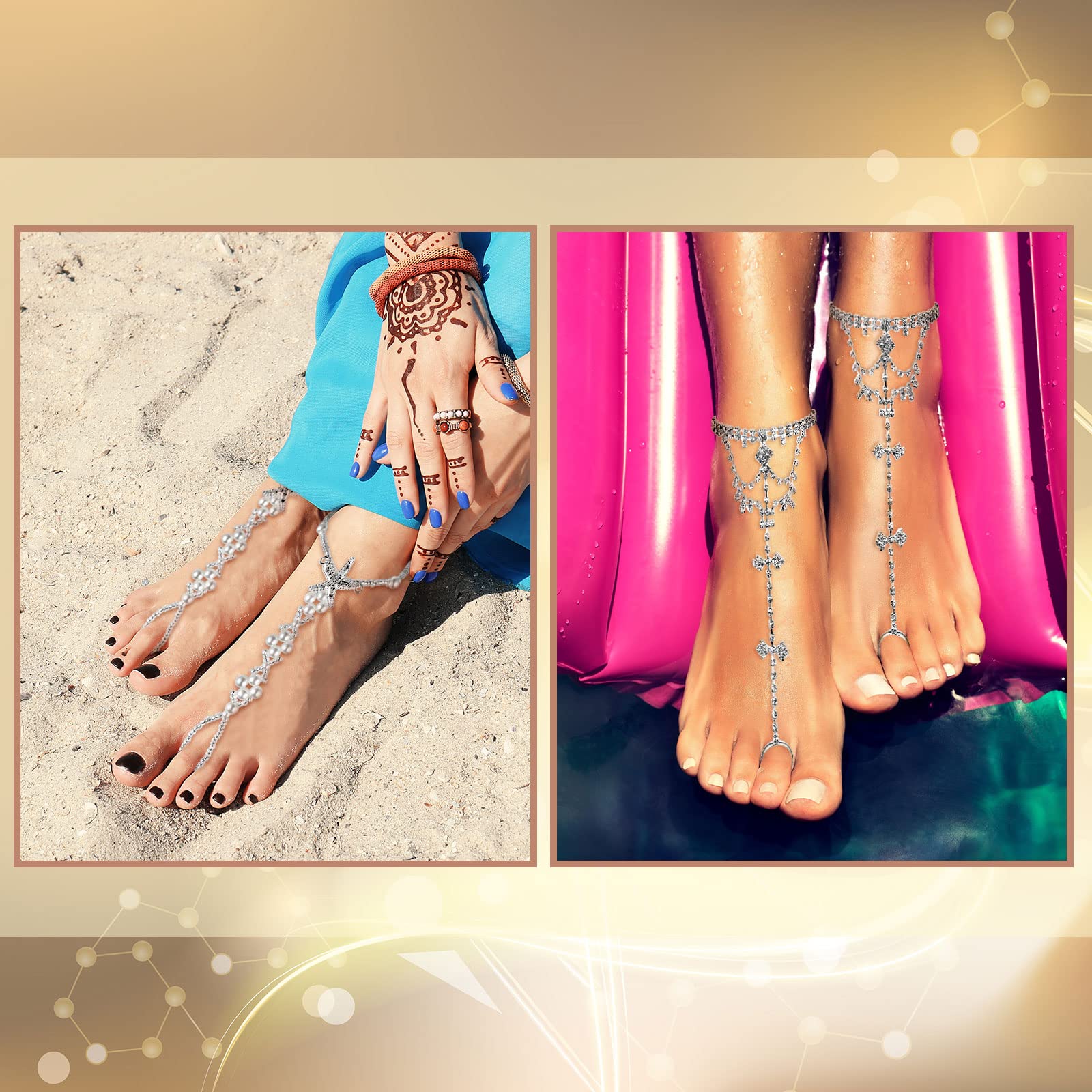 6 Pieces Rhinestone barefoot sandals for Women Wedding Beach Anklet Chain with Starfish barefoot sandals foot jewelry Silver Foot Chain with Rhinestone Toe Ring Pearl for Women Party Accessories