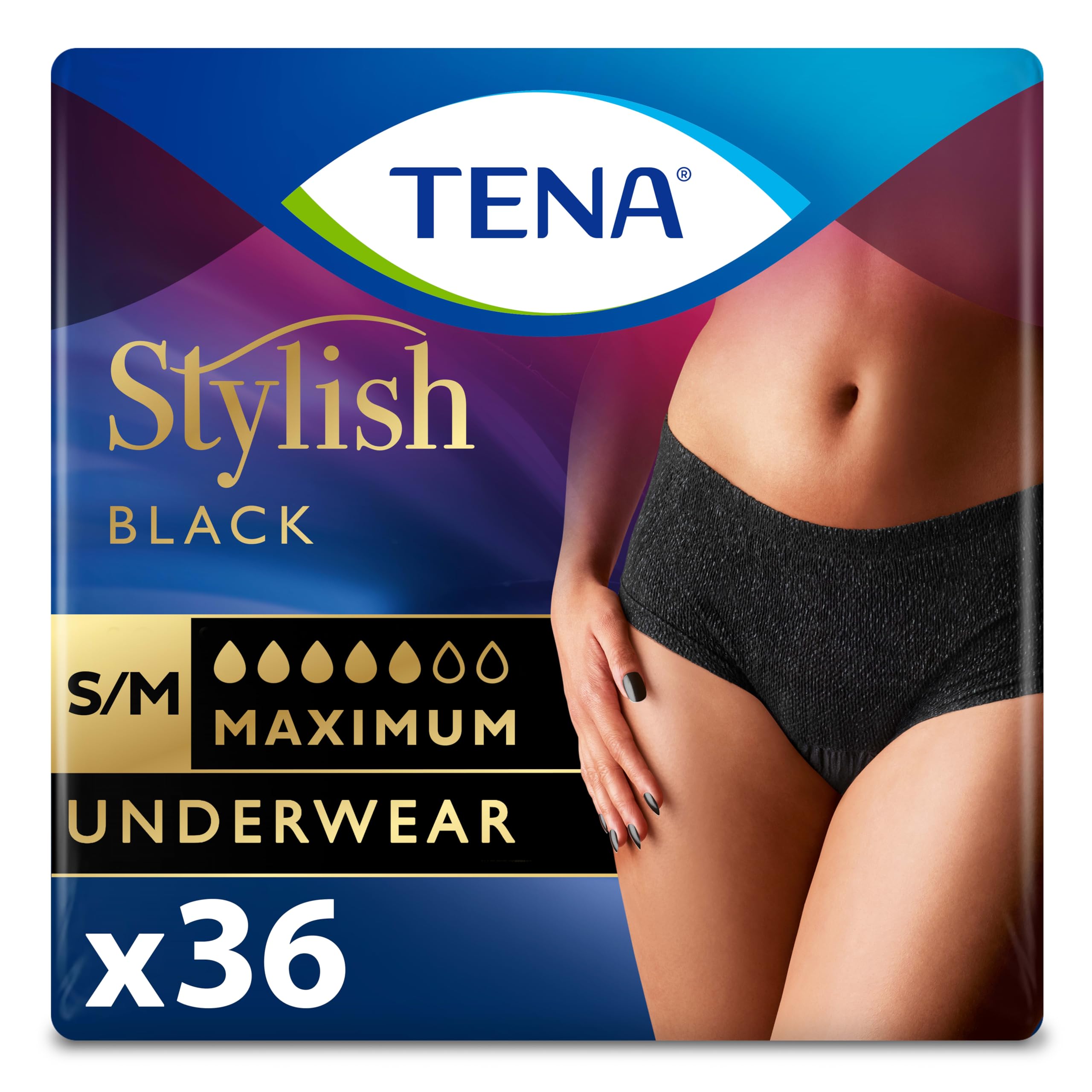 Photo 1 of Tena Stylish Black Incontinence Underwear for Women, Maximum Absorbency, Adult Diapers, Small/Medium (Waist Sizes 29in-40in), 36 Count (2 Packs of 18)