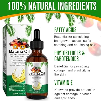 Batana Oil for Hair Growth 60ml, Batana Oil Organic Cold Press, Repairs Damaged Hair, Eliminates Split Ends & Increases Shine, Prevents Hair Loss & Breakage, Nourishes Scalp (1 PACK)