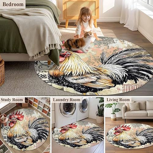 Miniatura 6 de 3ft Round Rug, Retro Rooster Non-Skid Rubber Backing Large Area Rugs - Living Room Bedroom Home Office, Pastoral Animals Watercolor Indoor Floor