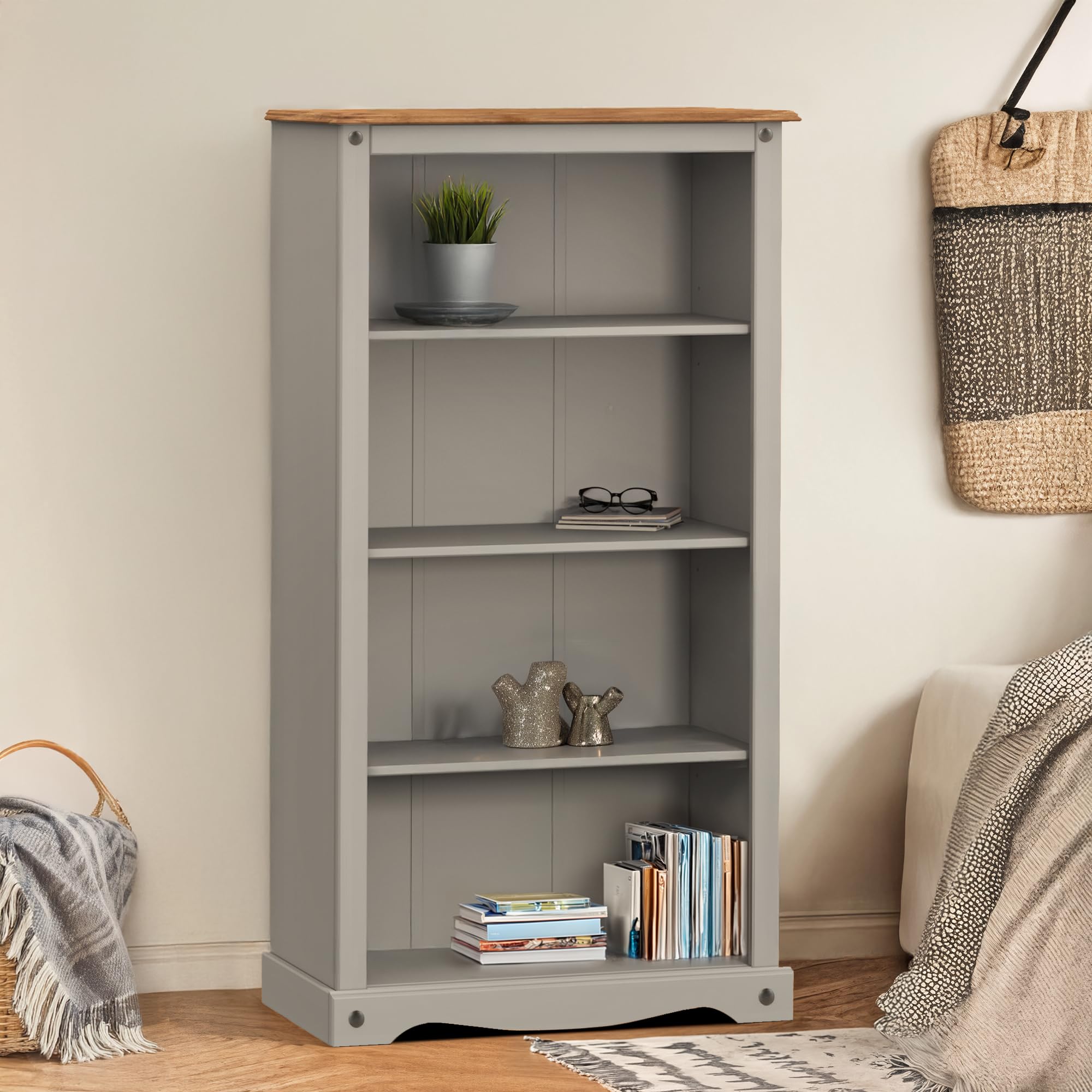 Mercers Furniture Grey Corona Wax Medium Bookcase Solid Wood Pine Wooden Painted Shabby Chic Mexican Shelving Open Display Shelves Office Hallway Living Dining Room Kitchen 150Cm High 82Cm Wide 29Cm Deep