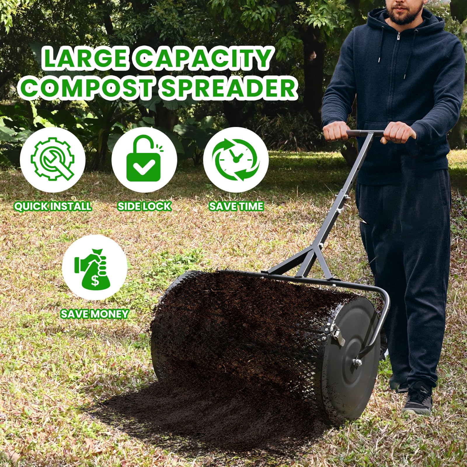 Esparcidor de abono y musgo de turba de 24 pulgadas, esparcidor de césped de 24 pulgadas con mango en forma de T de altura ajustable, cesta de malla de acero para esparcir la capa superior del suelo,