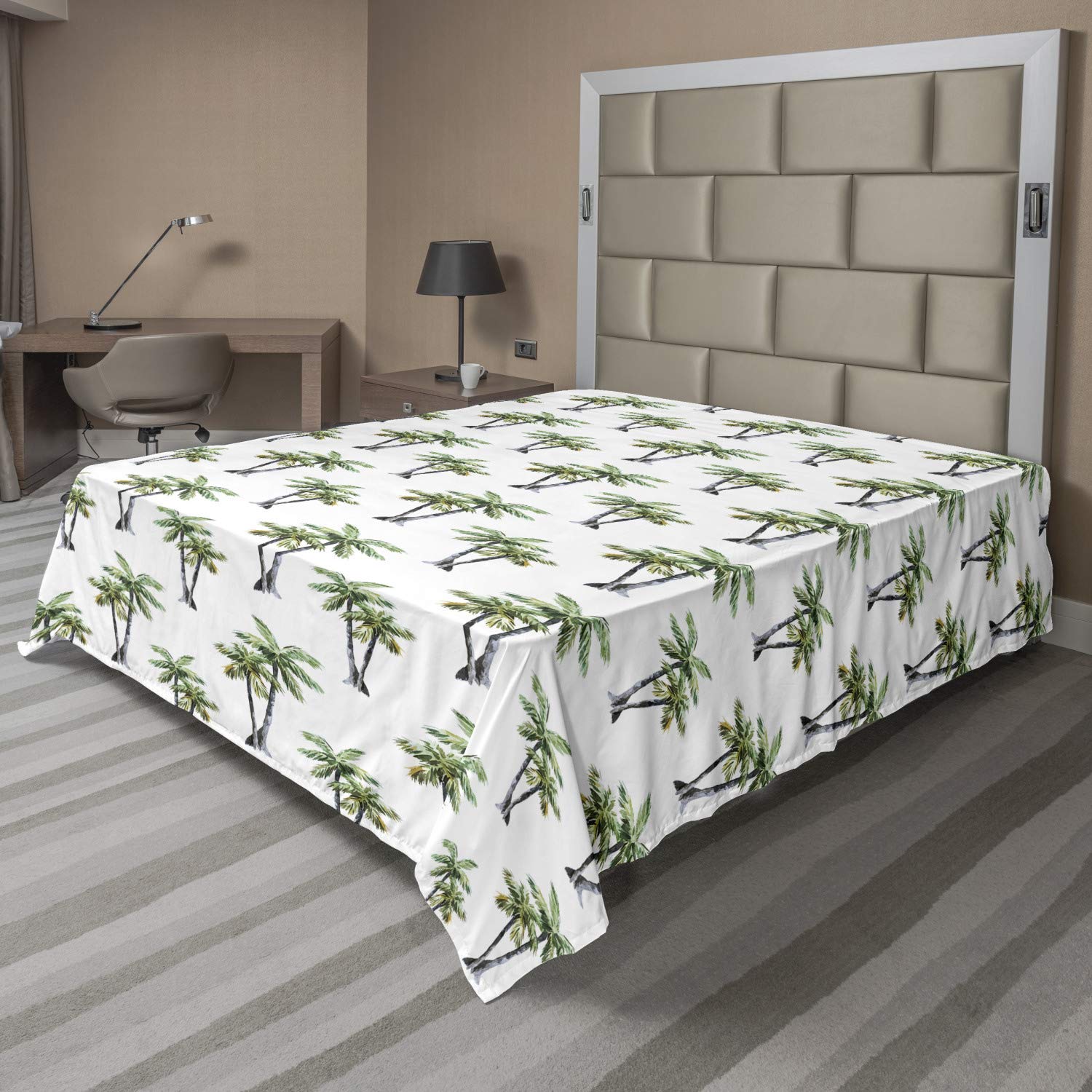 Ambesonne Palm Tree Flat Sheet, Botanical Watercolor Artwork of Hawaiian Aloha Forest Palm Trees in Pairs, Soft Comfortable Top Sheet Decorative Bedding 1 Piece, California King, Grey Green White