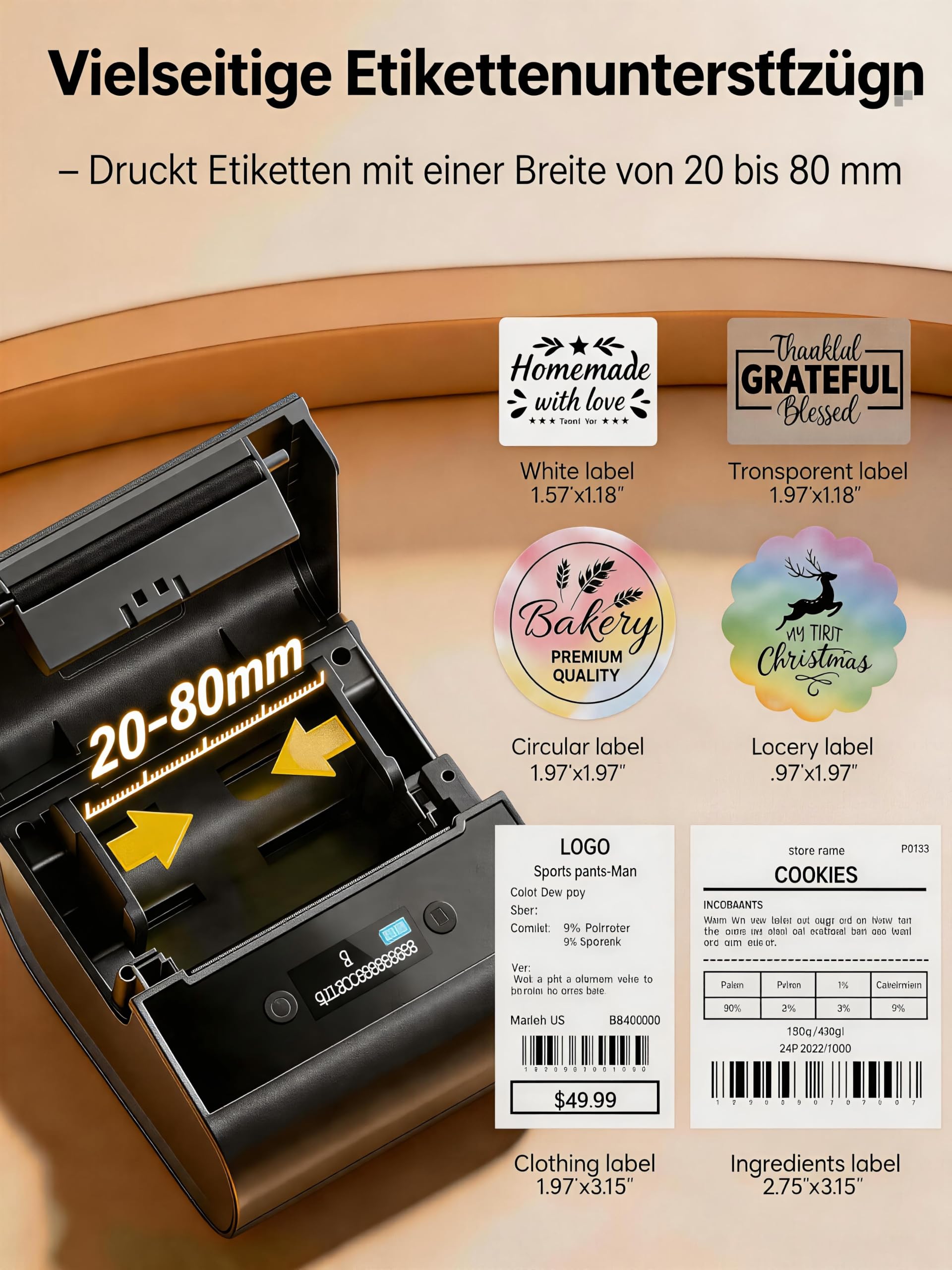 Phomemo Etikettendrucker, M260 Bluetooth Etikettendrucker Selbstklebend Tragbarer Etikettiergerät, 80mm Thermo Label Printer für Barcode, Einzelhandel, Büro, Handys- und PC-Kompatibel