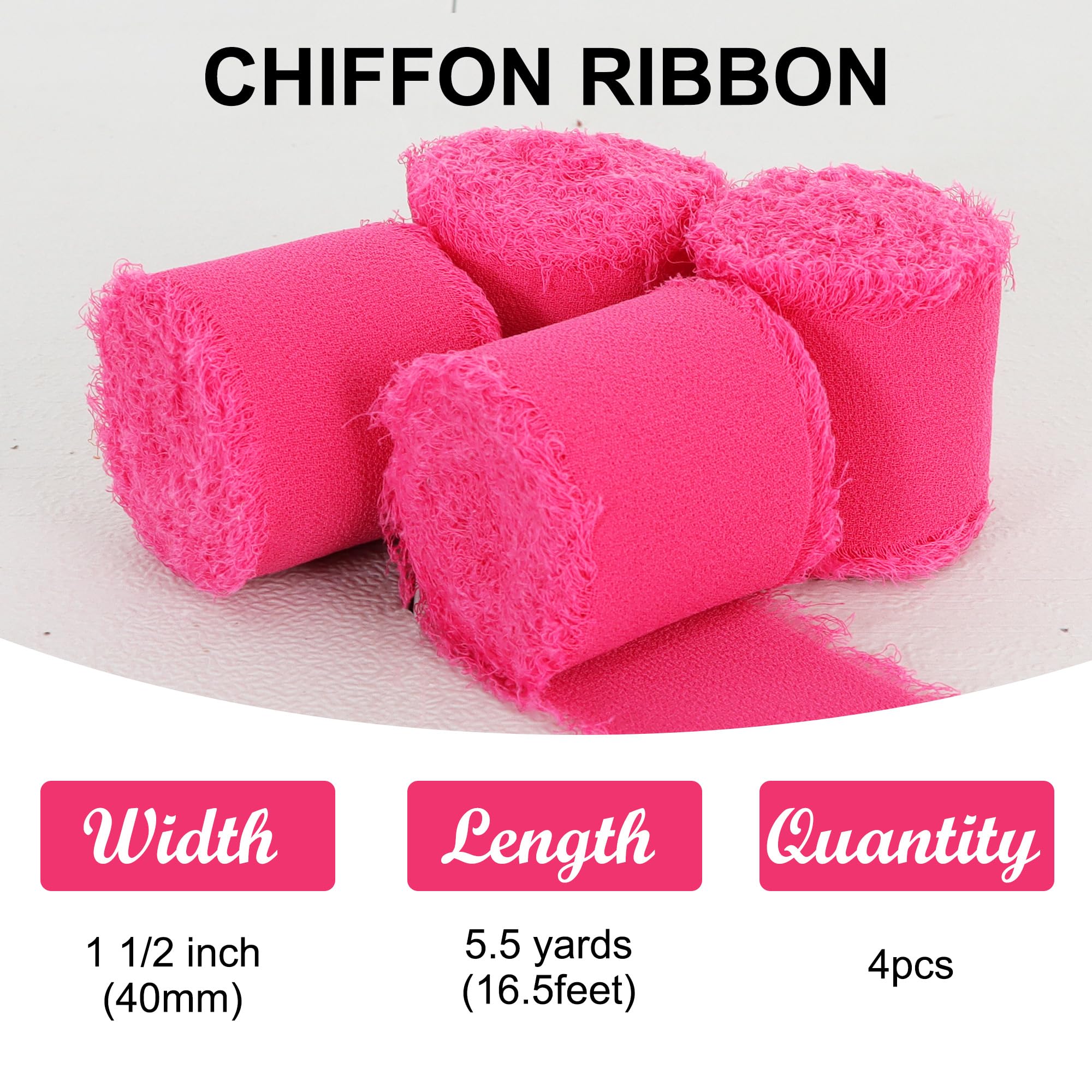 TONIFUL 4 Rolls Hot Pink Chiffon Ribbon 1 1/2 inch× 5.5 Yards Fabric Silk Ribbon for Gift Wrapping Wedding Party Decoration Flower Bouquet Wrapping Bows Making DIY Crafts(Total 22yards) - Image 2