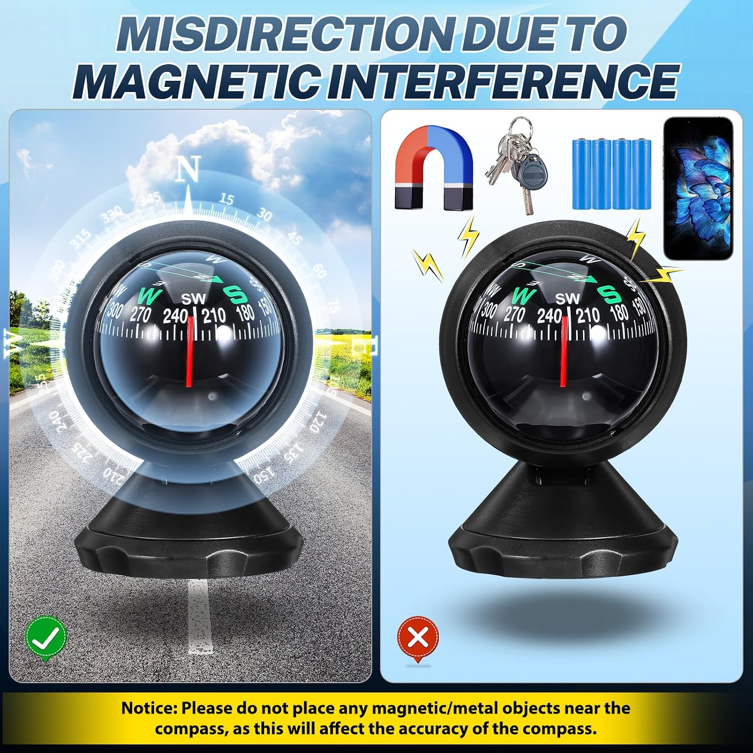 Ipetboom Universal Car Compass Ball Dashboard Mount Mini Travel Compass for Vehicle Navigation and Outdoor Camping