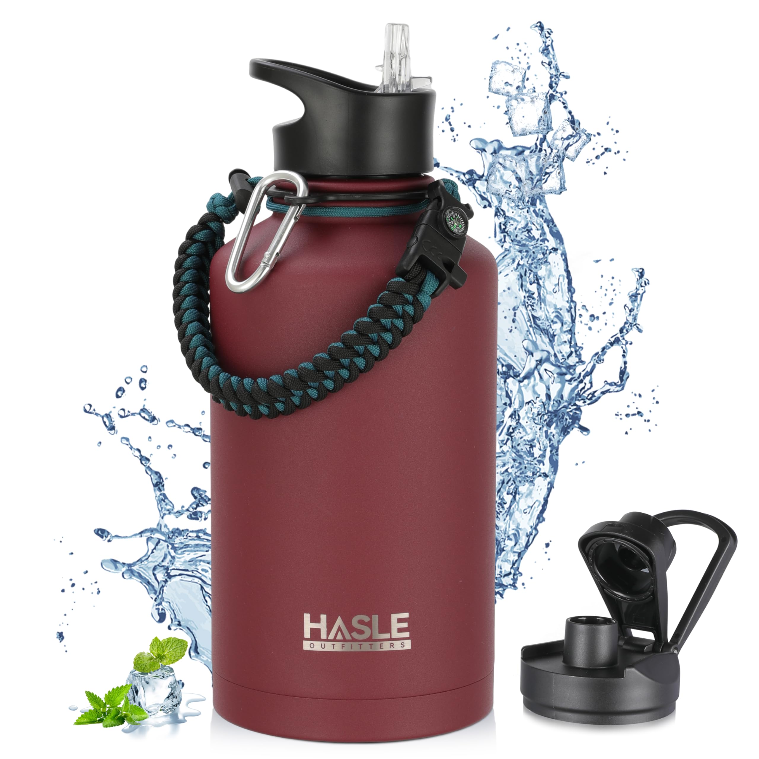 HASLE OUTFITTERS Half Gallon Insulated Water Bottles 64 oz, Stainless Steel Metal Water Jug with 2 Lids Keep Cold 48h/Hot 24h, Leak Proof & BPA-Free