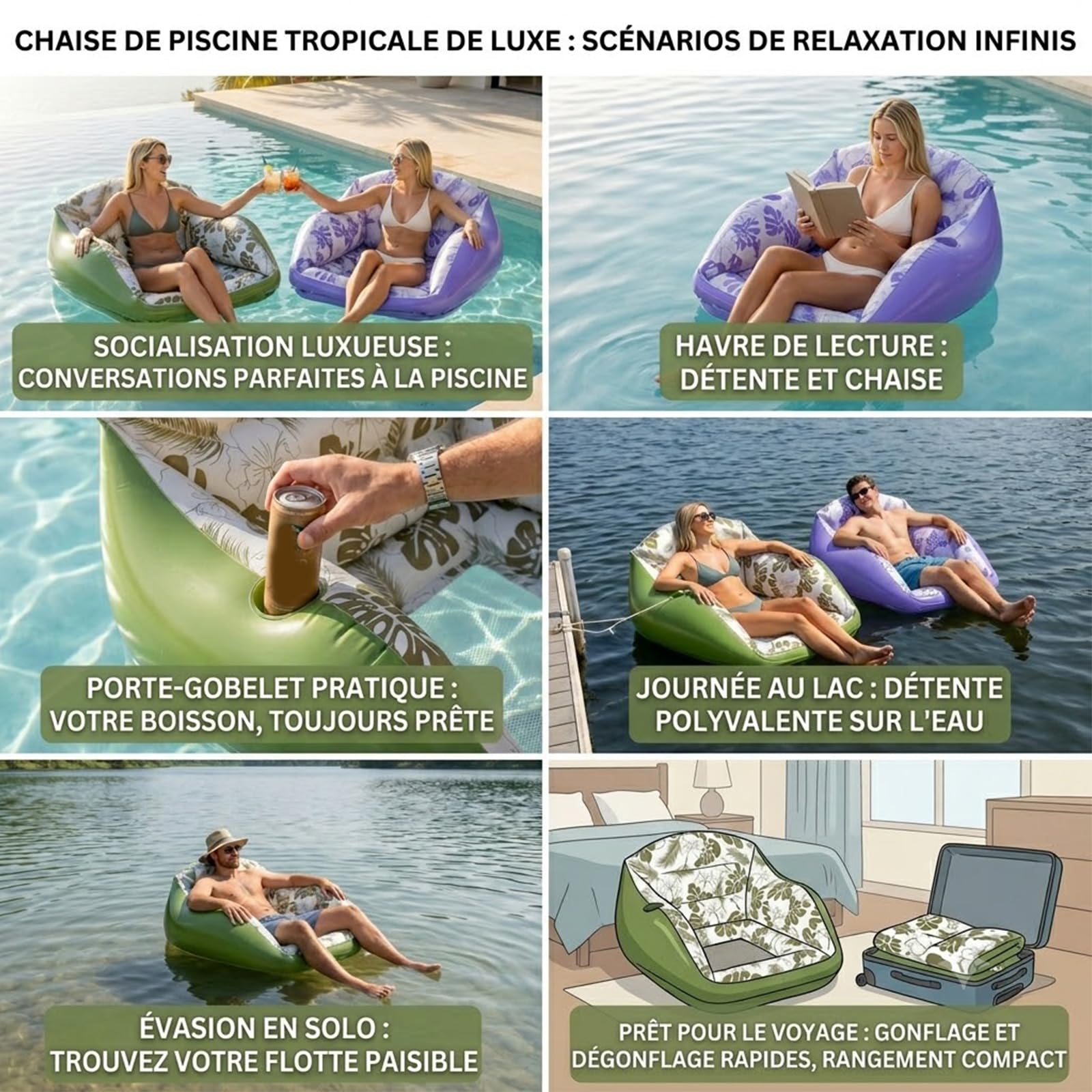 Fauteuil Flottant pour Piscine, Fauteuil Piscine Gonflable, Le Fauteuil Flottant Premium 4 en 1,Matelas et Fauteuil Flottant pour Adultes, Plage et Vacan