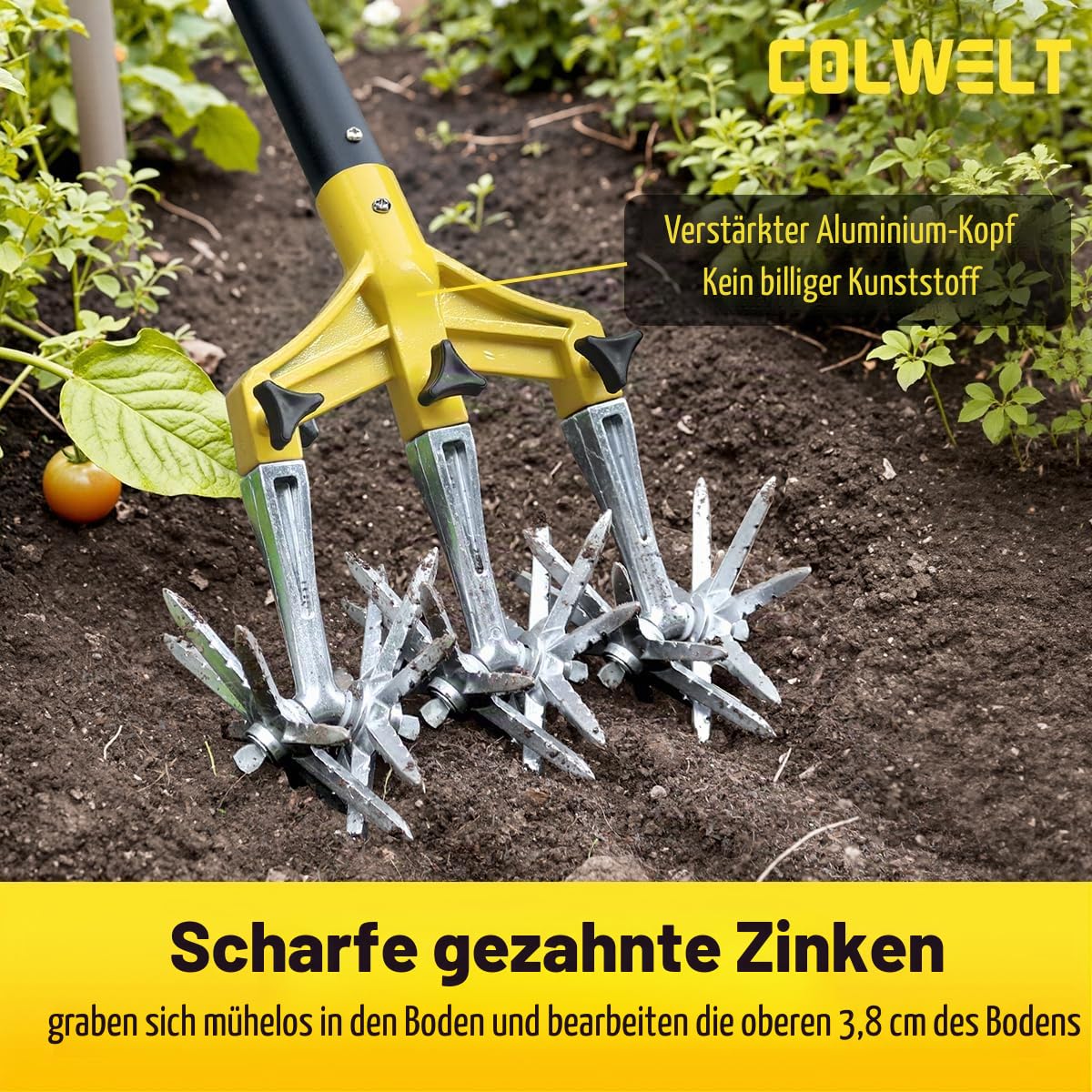 Colwelt Drehbarer Kultivator, Gartenwerkzeug, 154 cm, Handfräse, Gartenwerkzeug mit abnehmbaren Aluminiumzinken, Grubber für Gartenerde oder Nachsaat von Gras, manuelle Kultivatoren und Fräsen für