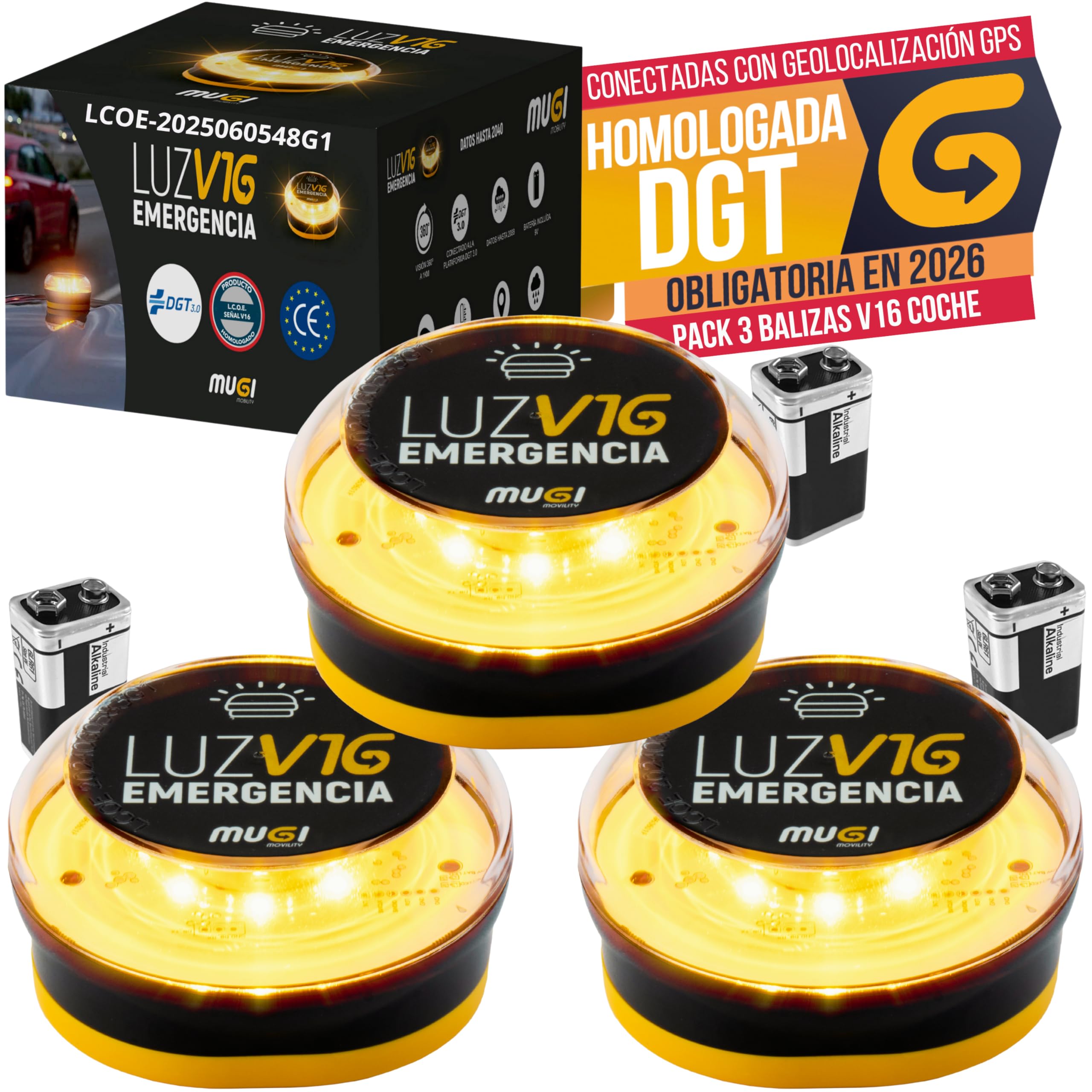Pack of 3 V16 Connected Beacons Approved with Geolocator DGT 3.0 – Emergency Lights High Visibility with SIM IoT Until 2040 – Shipping Location Button 3s Magnetic Base Kit Accessories Car Motorcycle 2026