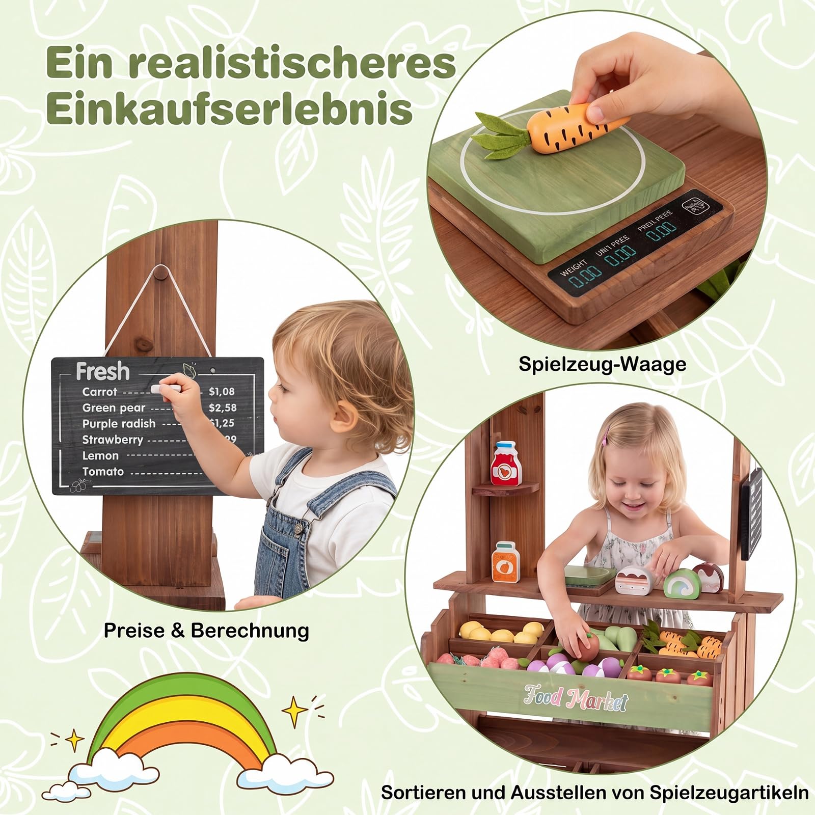 COSTWAY Kinder Kaufladen, Kaufmannsladen mit Waage, Kreidetafel, 43 Zubehör | aus Holz, Verkaufsstand mit 6 Fächern & 2 Boxen, Supermarkt für Kinder ab 3 Jahren