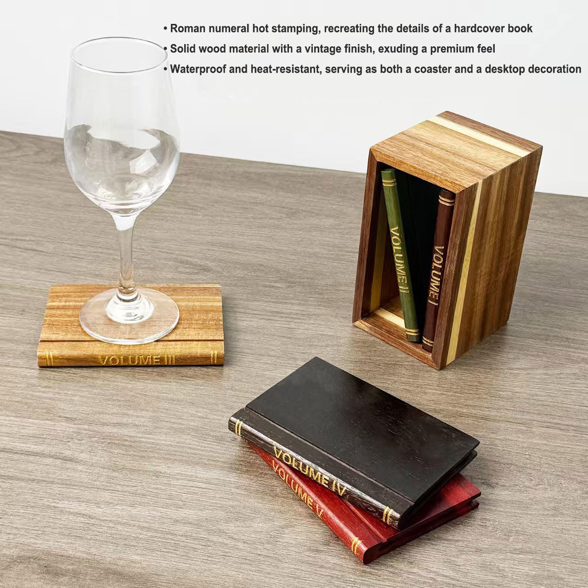 Posavasos De Madera De Acacia con Soporte - Juego De 5 Posavasos Decorativos Estilo Libro para Café, Té Y Cócteles - Decoración del Hogar Regalos De Inauguración De Casa Cumpleaños