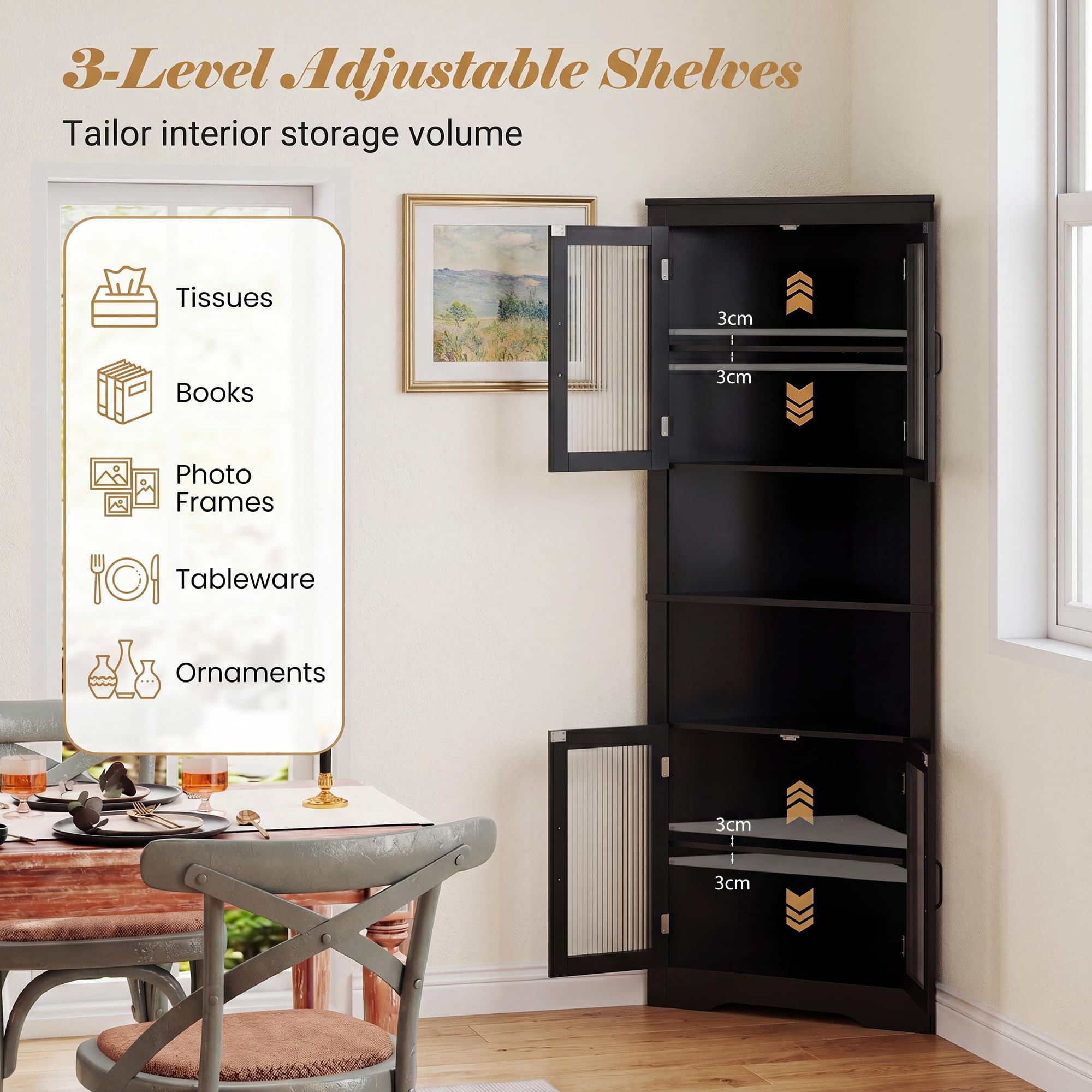 LIFEZEAL Mobile Bagno Angolare Salvaspazio, Armadio Bagno ad Angolo 66 x 35 x 171 cm, Credenza Cucina, Dispensa, con 6 Scomparti, 4 ante e 2 Ripiani Aperti, per Soggiorno, Cucina (Nero)