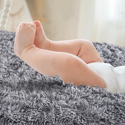 Miniatura 4 de Noahas Alfombras grises esponjosas para dormitorio, 2 x 5 pies, ovaladas, ultra suaves, pequeñas, alfombra de habitación de los niños, alfombra