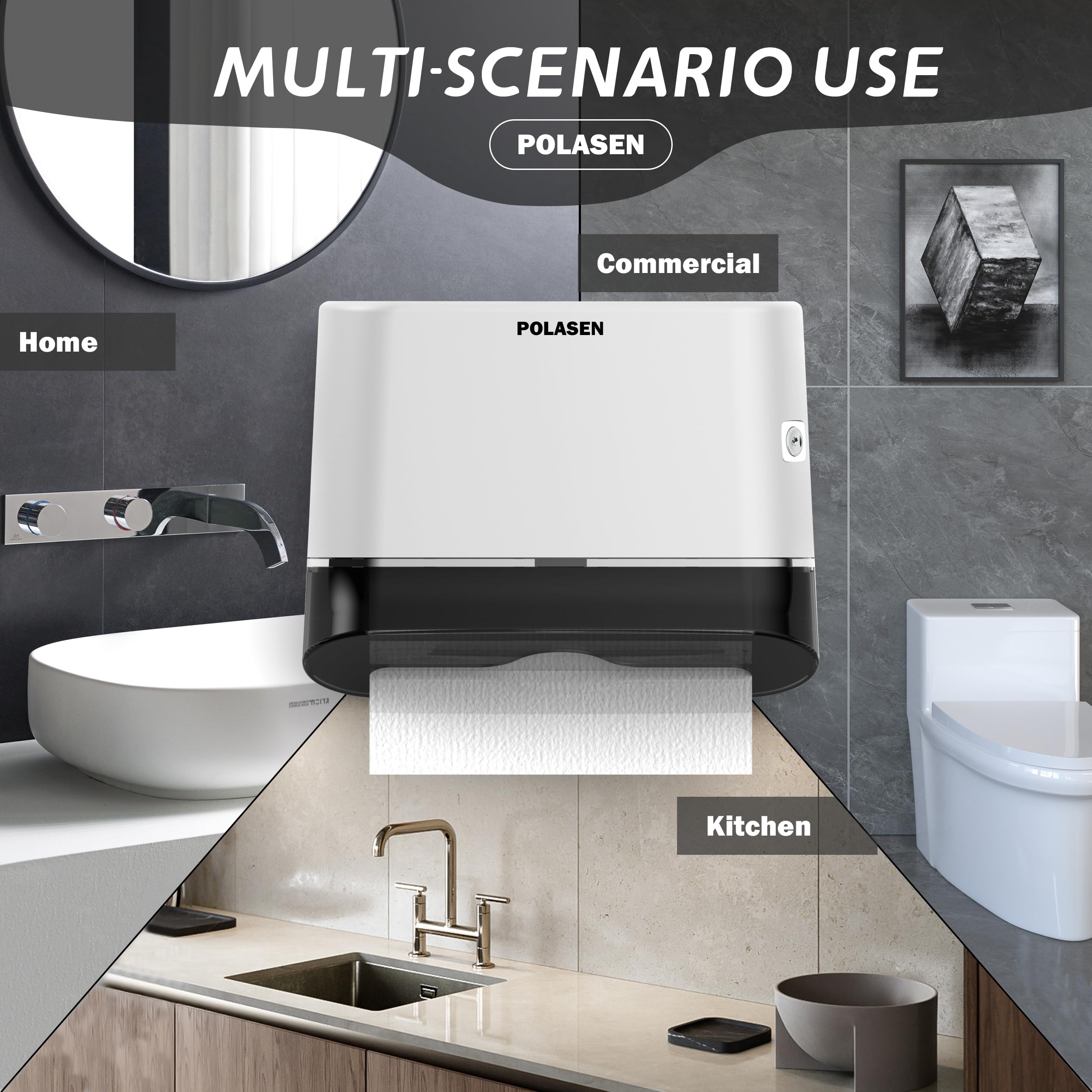 POLASEN Multifold Paper Towel Dispenser Wall Mount White Compact Adhesive No Drilling or Screws Installation Fits Combi-Fold Fusion Folded Hand Towels for Commercial Industrial Shop Office