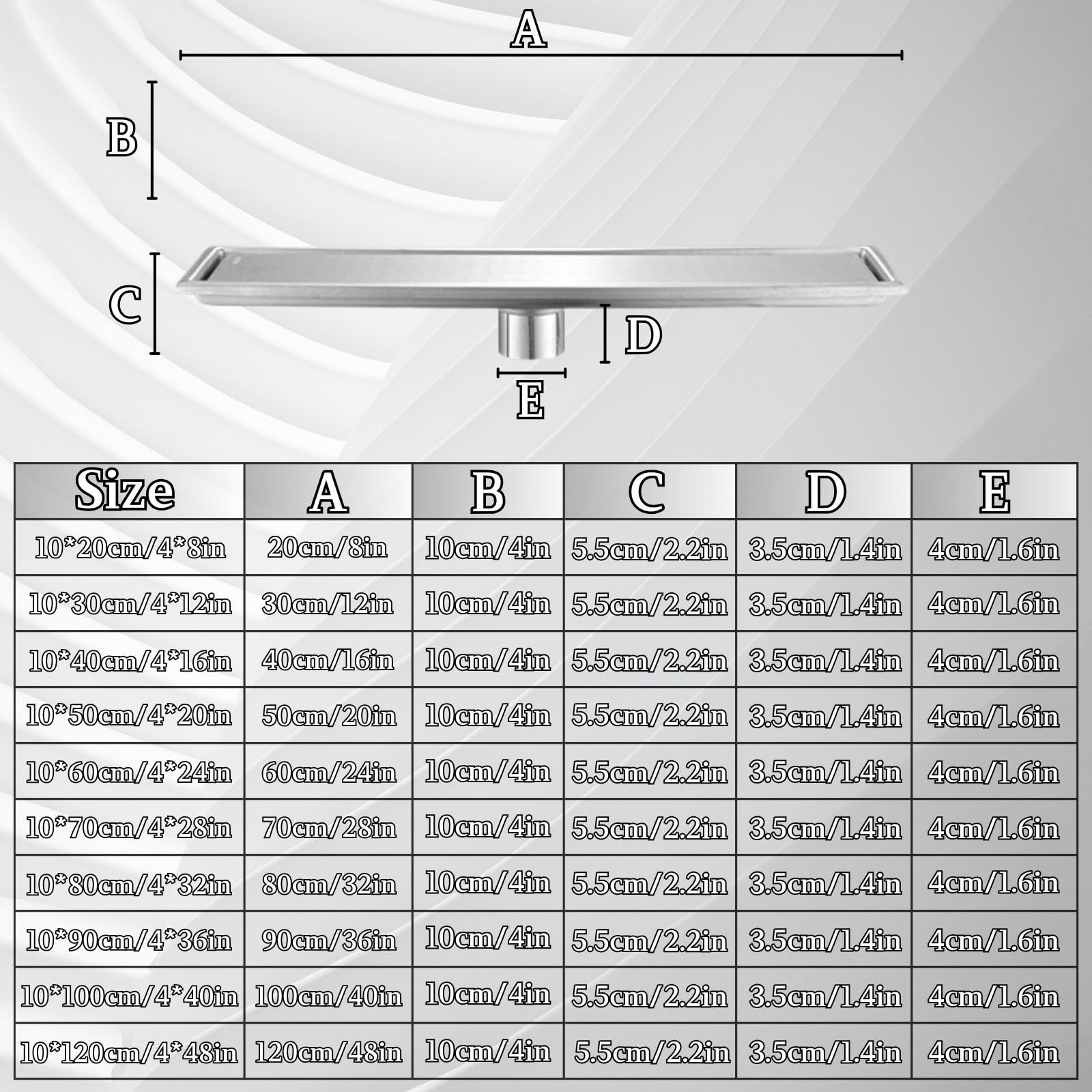 Cubierta de desagüe de ducha lineal de 20 a 120 cm, 10 cm de ancho, de acero inoxidable cepillado 304, rectangular, con rejilla para azulejos, ideal para baño y balcón (10 x 60 cm)