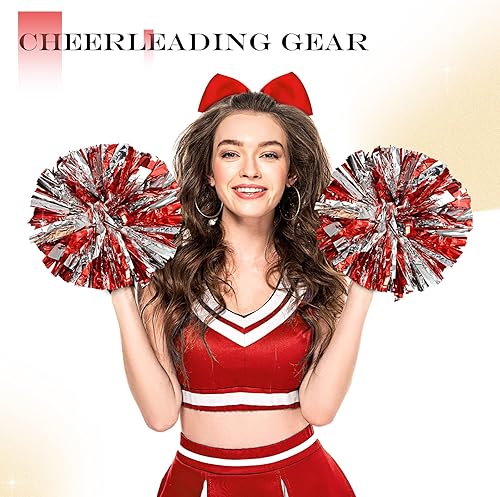 Miniatura 5 de Jexine 8 pompones de porrista de 11.8 pulgadas y lazos grandes para el pelo de animadora para adolescentes, niñas, sóftbol, baile, animadora,