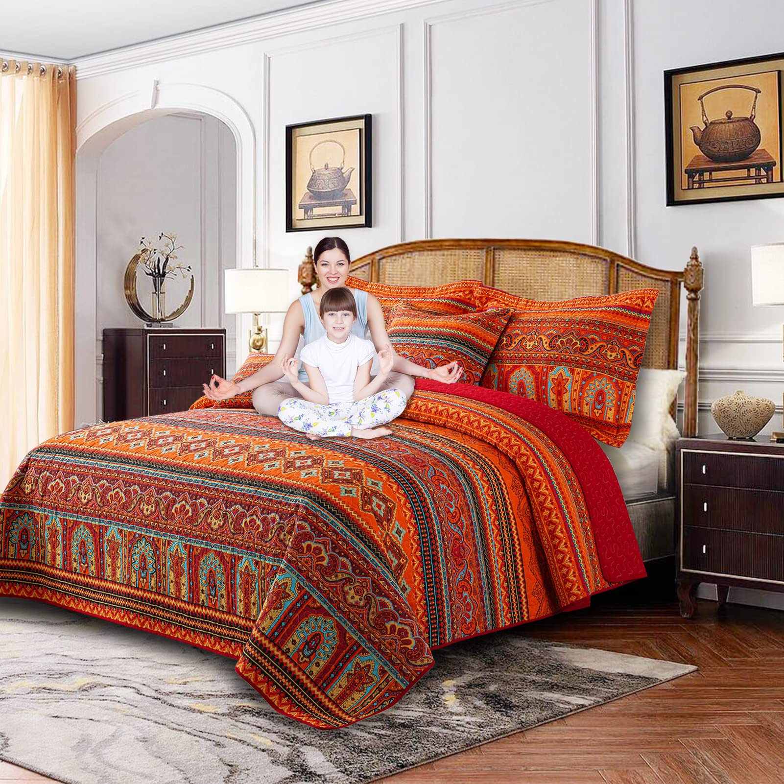 BEDIFANY Bawełniany zestaw pościeli na łóżko king-size, boho, lekkie dwustronne narzuty, zestaw pościeli na łóżko king-size, dekoracja łóżka, na każdą porę roku, 3 sztuki