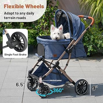 EchoSmile Small Medium Dogs Stroller 4-Wheel Pet Strollers for Medium Dogs Up to 50lbs, One Click Folding Large Cat Stroller, Reversible Handle, Shock Absorbing Wheels, Removable Washable Pad, Blue