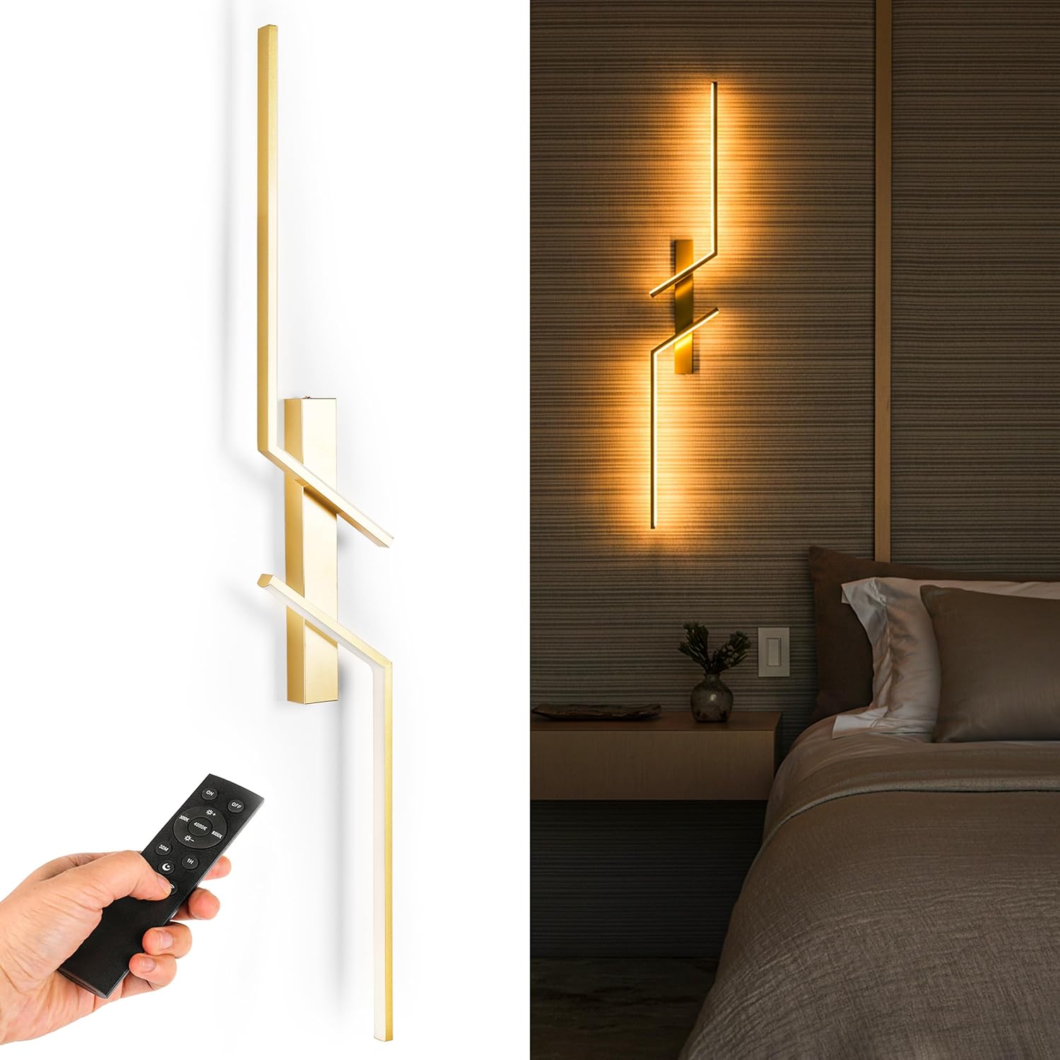 1-Pack Battery Operated Wall Sconce - 39 Inch Gold Modern LED Light for Bedroom - Wireless Sconces with Remote and Rechargeable Battery - Dimmable Wall Scones for Gold Home Decor