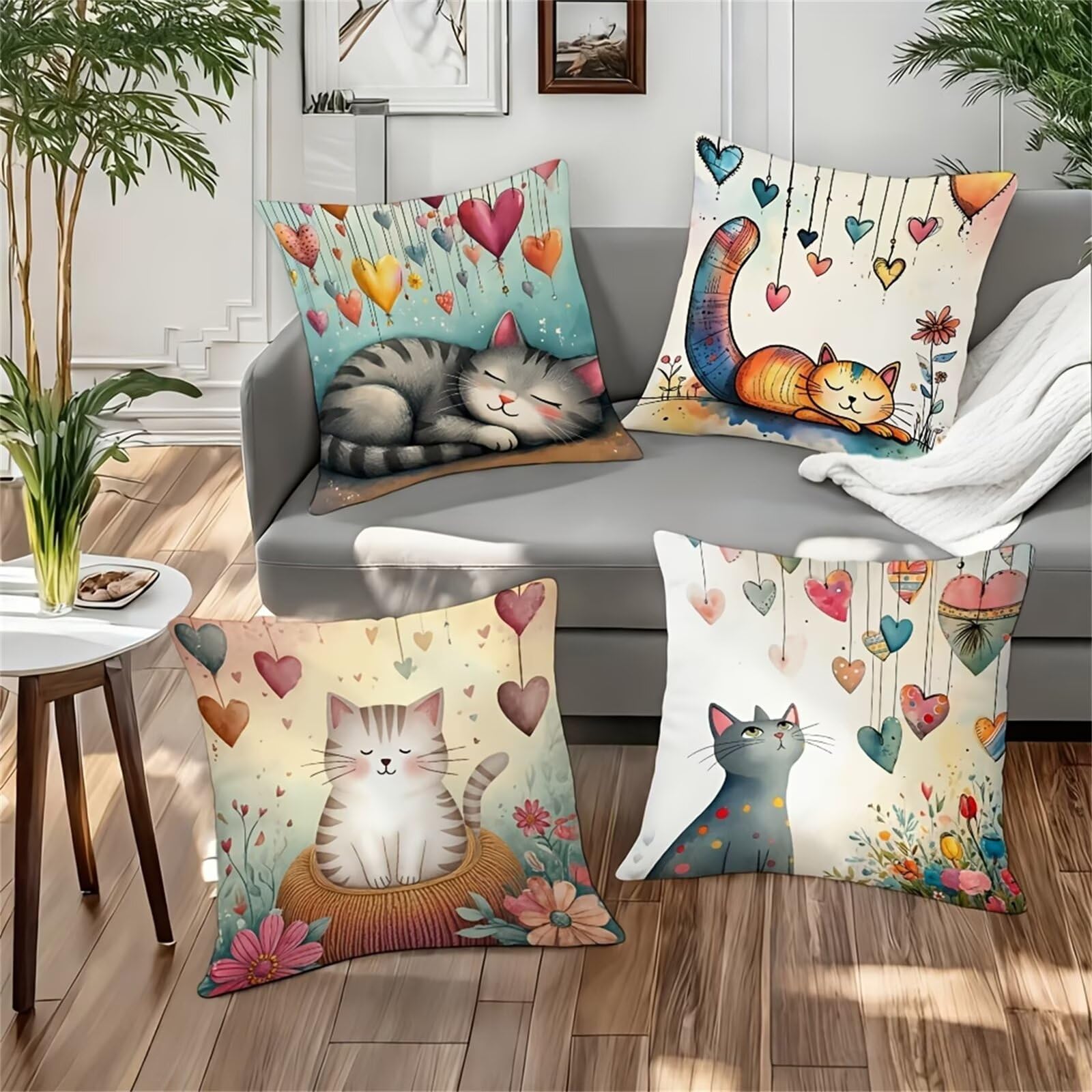 Fundas de Cojines 60x60 cm, Juego de 4 Fundas para Cojines Decorativas de Lino, Gato Dibujos Animados, Fundas de Almohada para Sofá, Silla y Decoración de Interiores