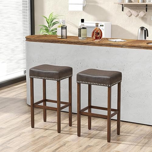 Miniatura 2 de Giantex Juego de 2 taburetes de bar con forma de silla de montar de 29.5 pulgadas, taburetes de cuero sintético con reposapiés, taburetes de bar