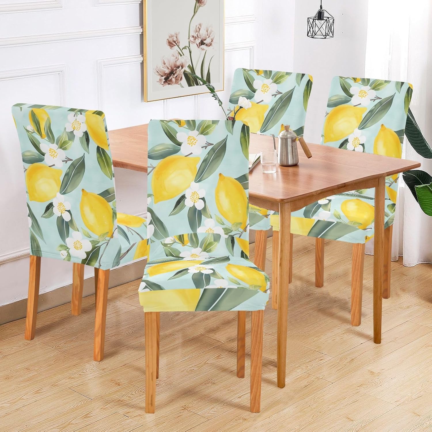 ALAZA Chair Covers for Dining Room, Lemon Pattern Light Blue Background Hand-Painted Stretch Chair Cover Sets Chair Protector Removable Washable for Ktichen Restaurant Hotel