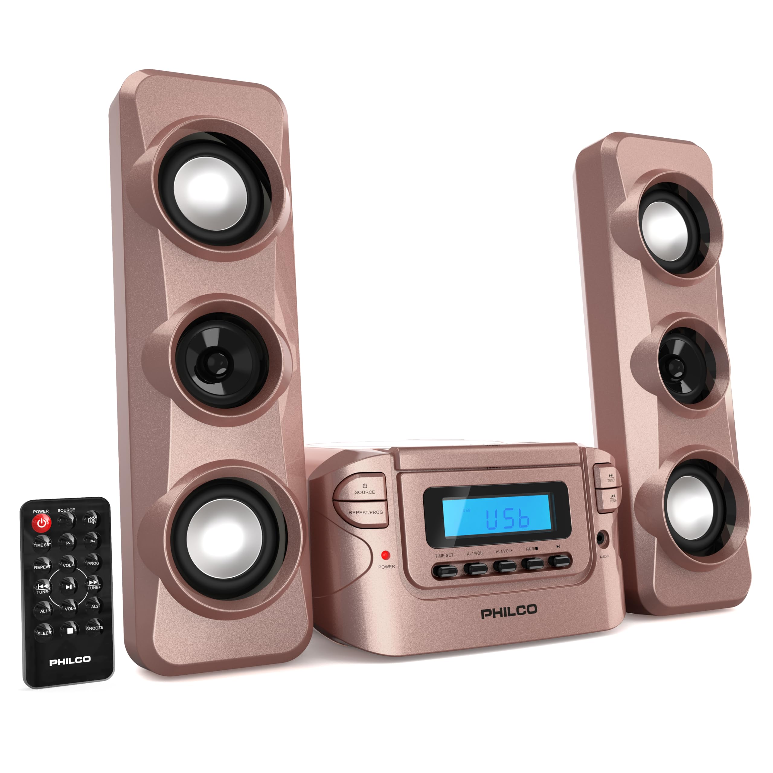 PhilcoStereo Shelf Systems Compact CD Shelf System with Digital FM Stereo Radio, Bluetooth Wireless Technology, and Remote Control in Rose Gold | LCD Display | MP3 & AUX Port Compatible