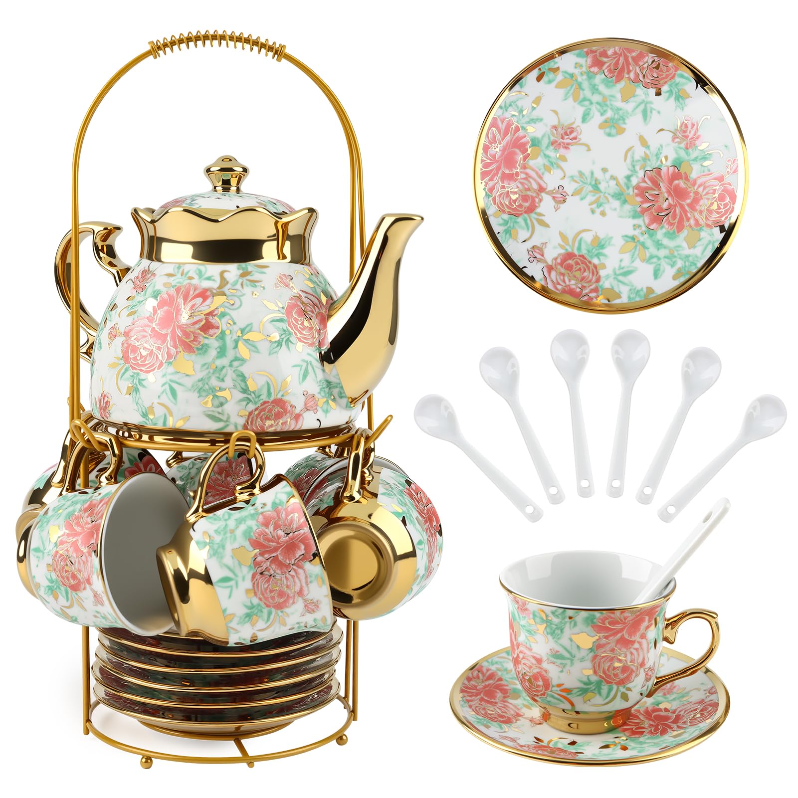 20 Pcs Porcelain Tea Set with Metal Holder, European Ceramic Tea Set for Adults, Adult Tea Set Gift, Flower Tea Cup Saucer Set for Party With Gold Flower Painting, Unique Crown Lid — image 1
