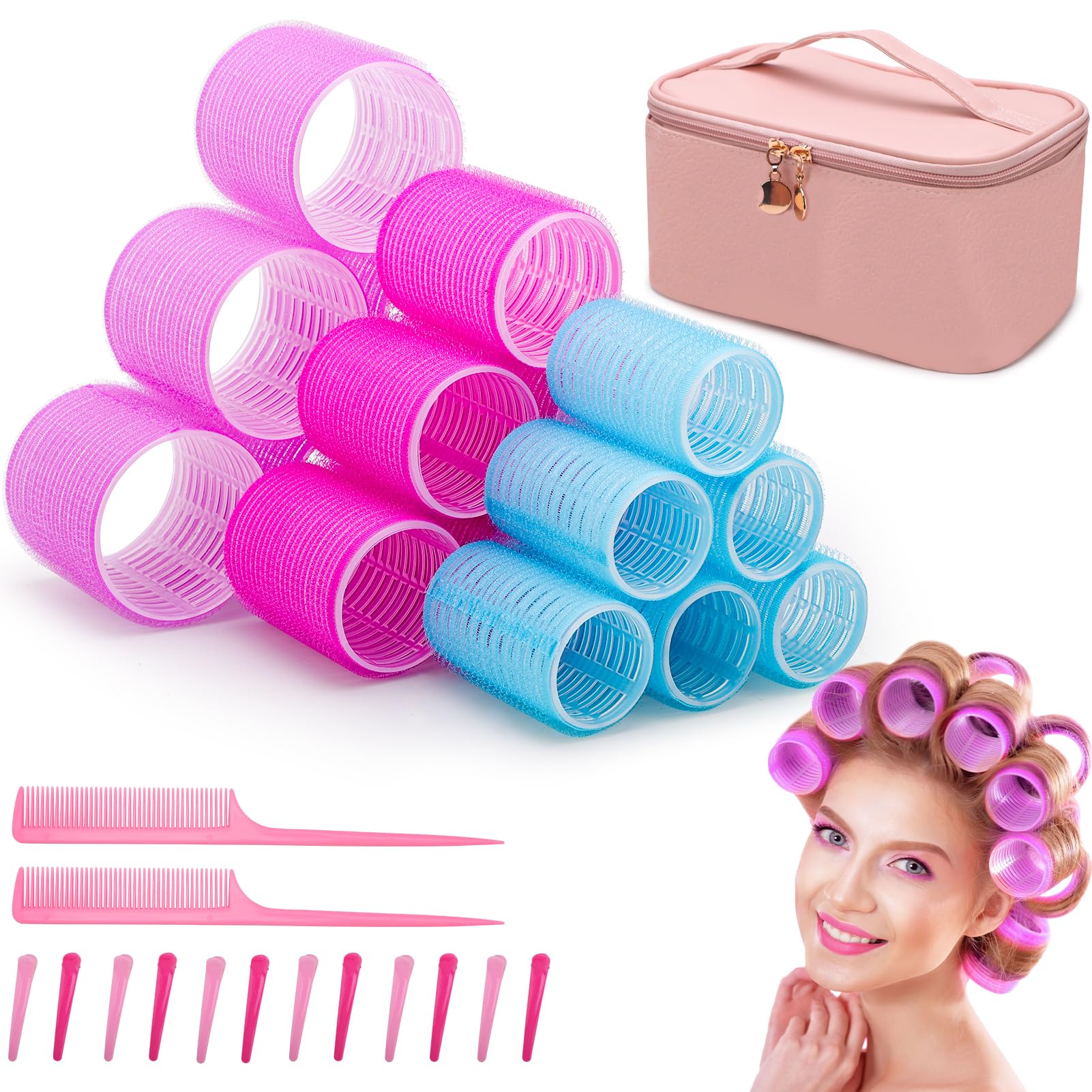 Hair Rollers with Makeup Carrying Case 34PCS, FISHOAKY 18 Self Grip ...