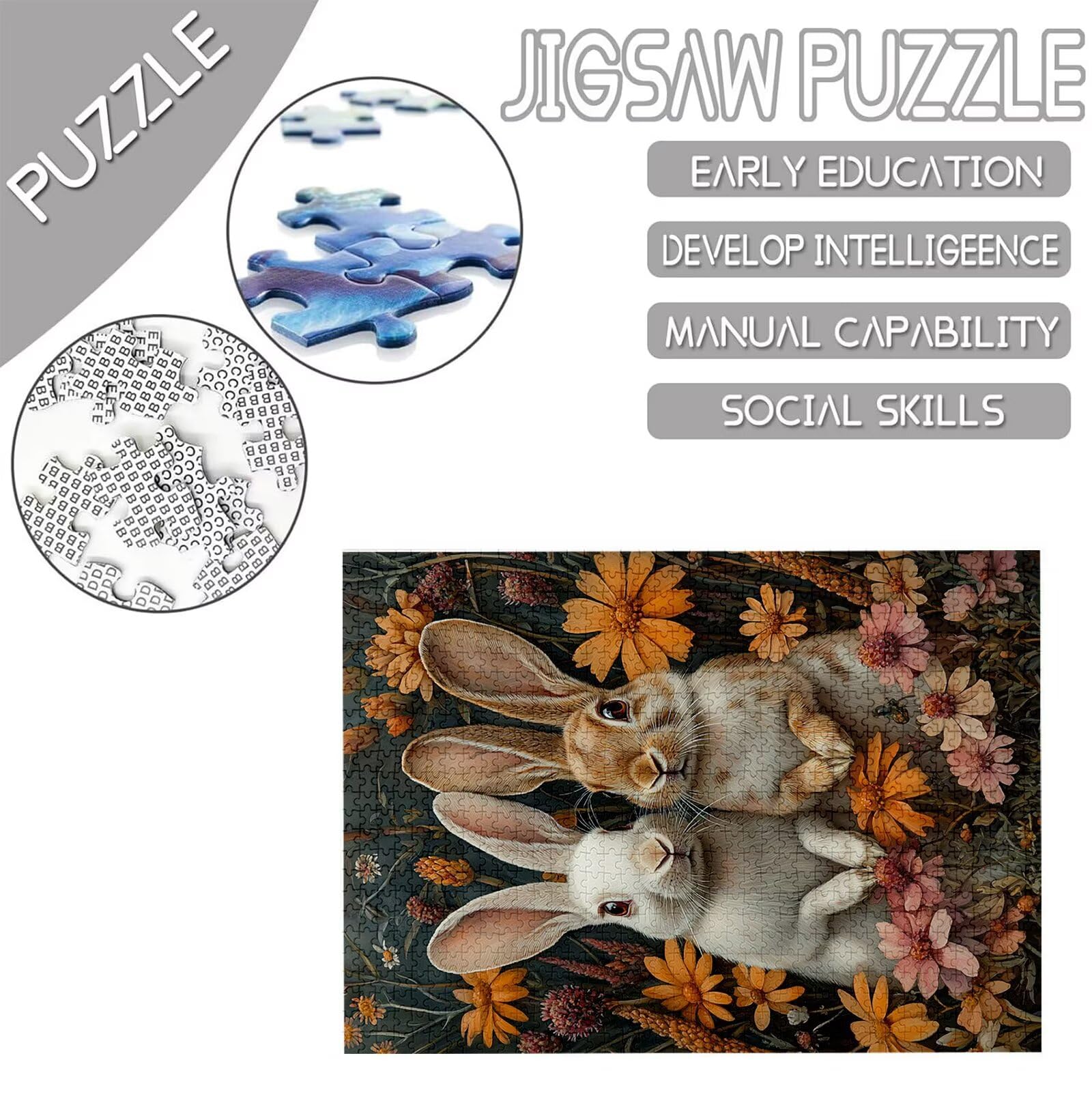 Królik Puzzle 1000 Sztuk Dorosłych, Puzzle Kwiat Wzór Projekt, Jigsaw Dorosłych, 5D DIY Rzemiosło Rodzina Zajęcia z Pakowaniem Pudełka, Dekoracja ścienna do domu, Prezent Kobiety, 75x50cm, Model770