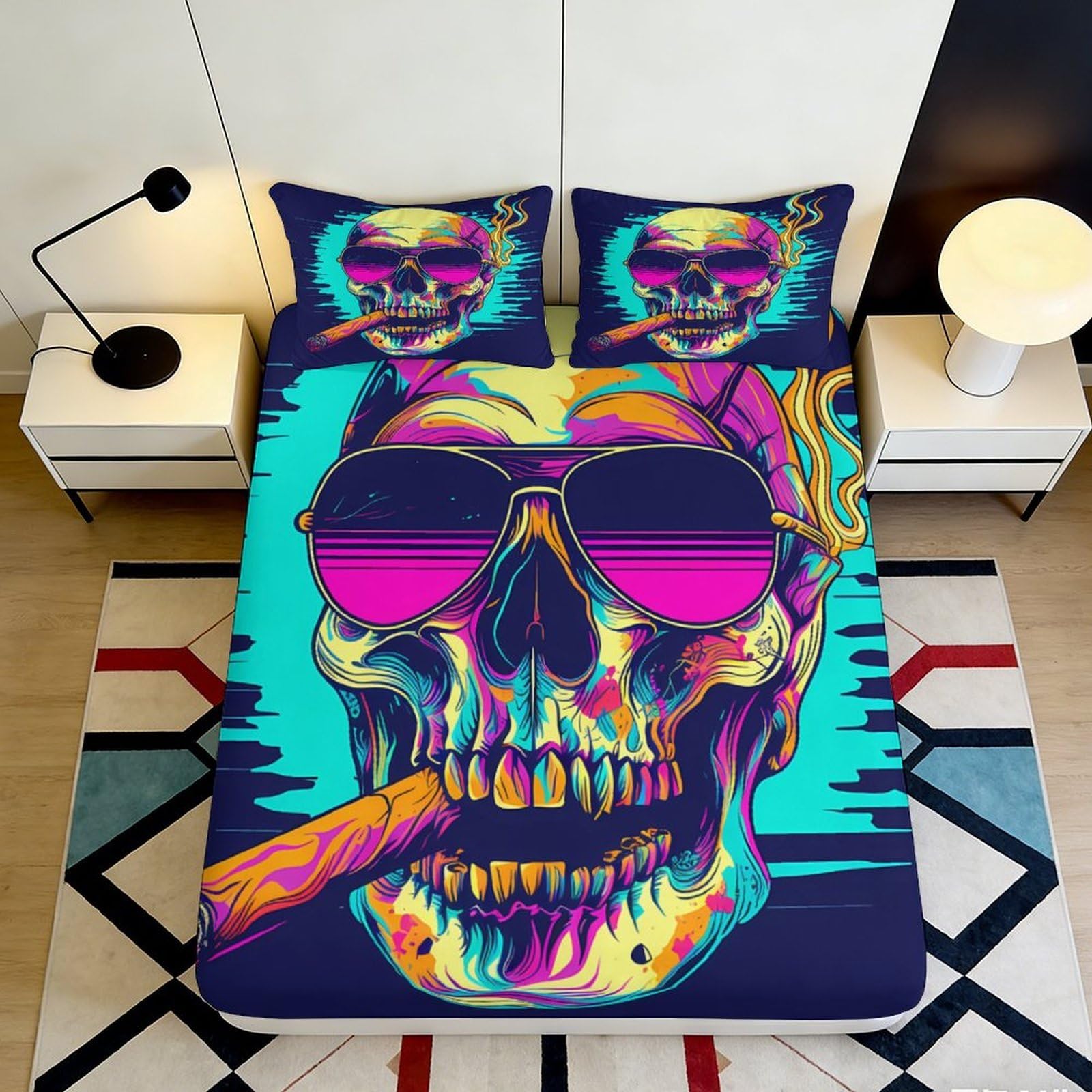 3D Printed Neon Skull Fitted Sheet Microfiber Vibrant Decor Psychedelic Sunglasses Bed Cover for Bedroom Dorm 90x200x25cm