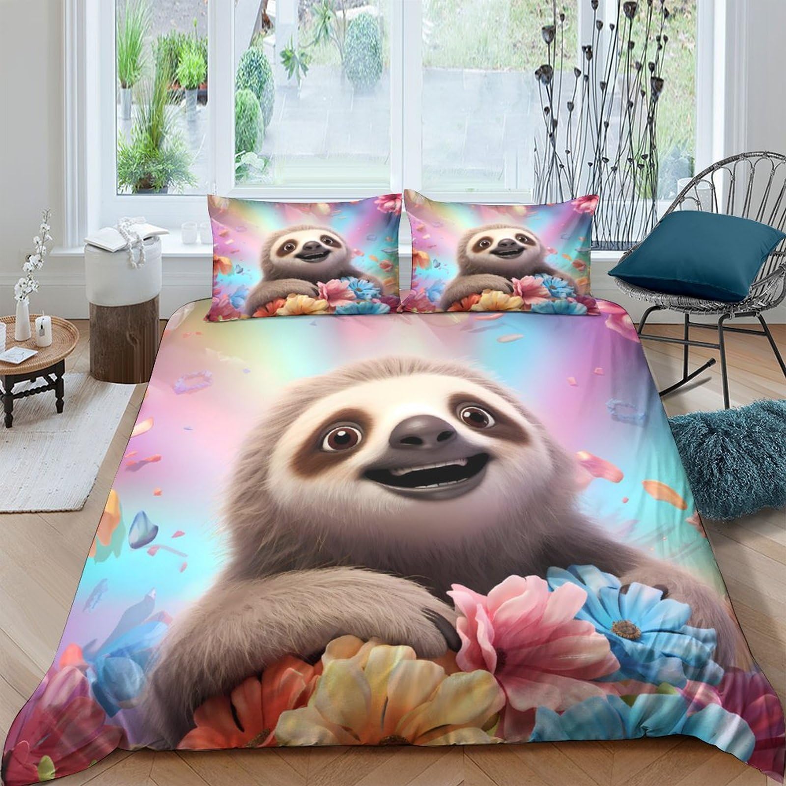 Ctjqhvkz Style-3 3D Printed Cute Sloth Fitted Sheet Microfiber Soft Colourful Floral Mattress Cover Bedroom Dorm Decor Single（135X200cm）