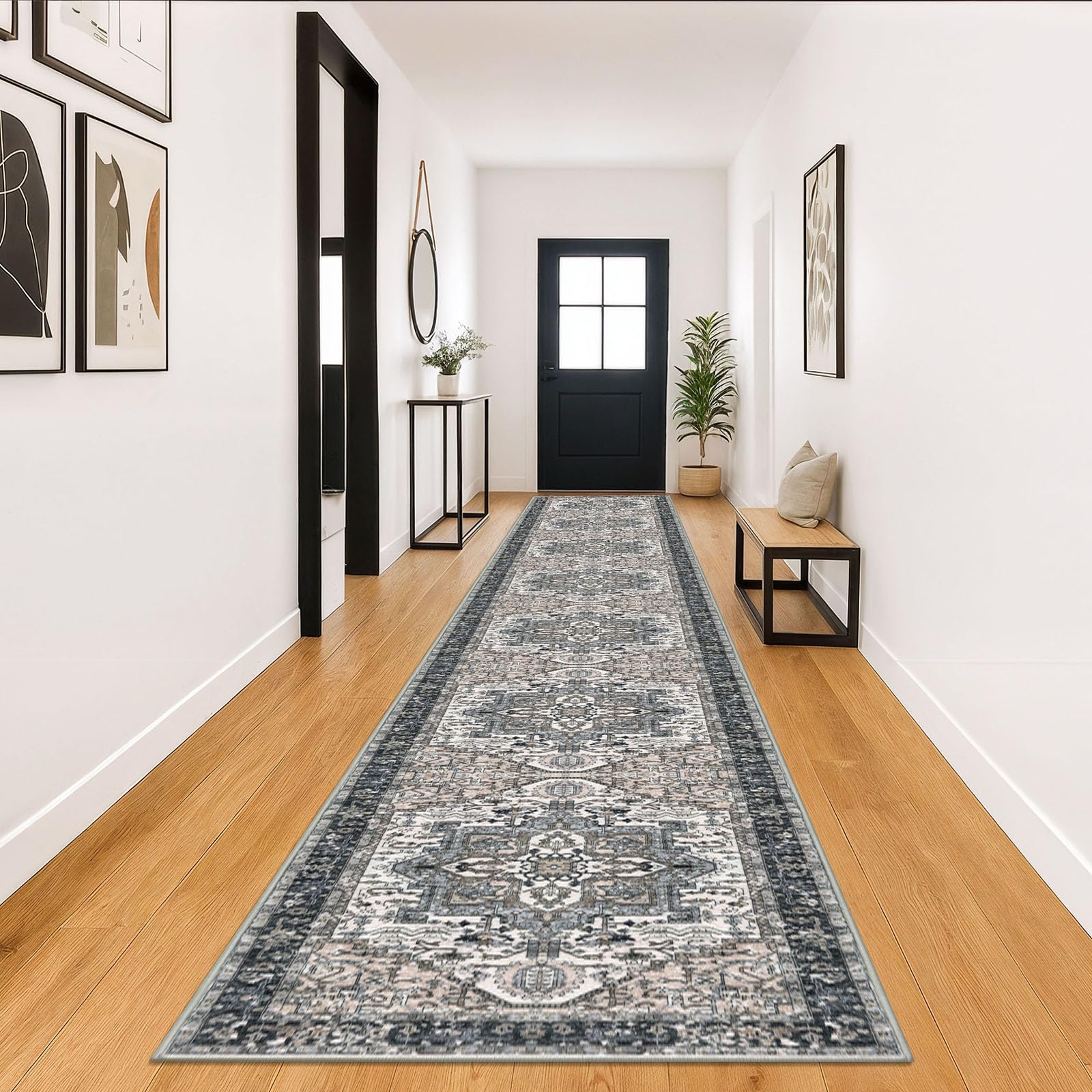 KOZYFLY Runners for Hallways 3x18 Ft Extra Long Washable Faux Wool Thin Runner Rug Printed Stair Carpet for Entryway Bedroom Kitchen Hallway Living Room, Black/Taupe/Beige — image 1